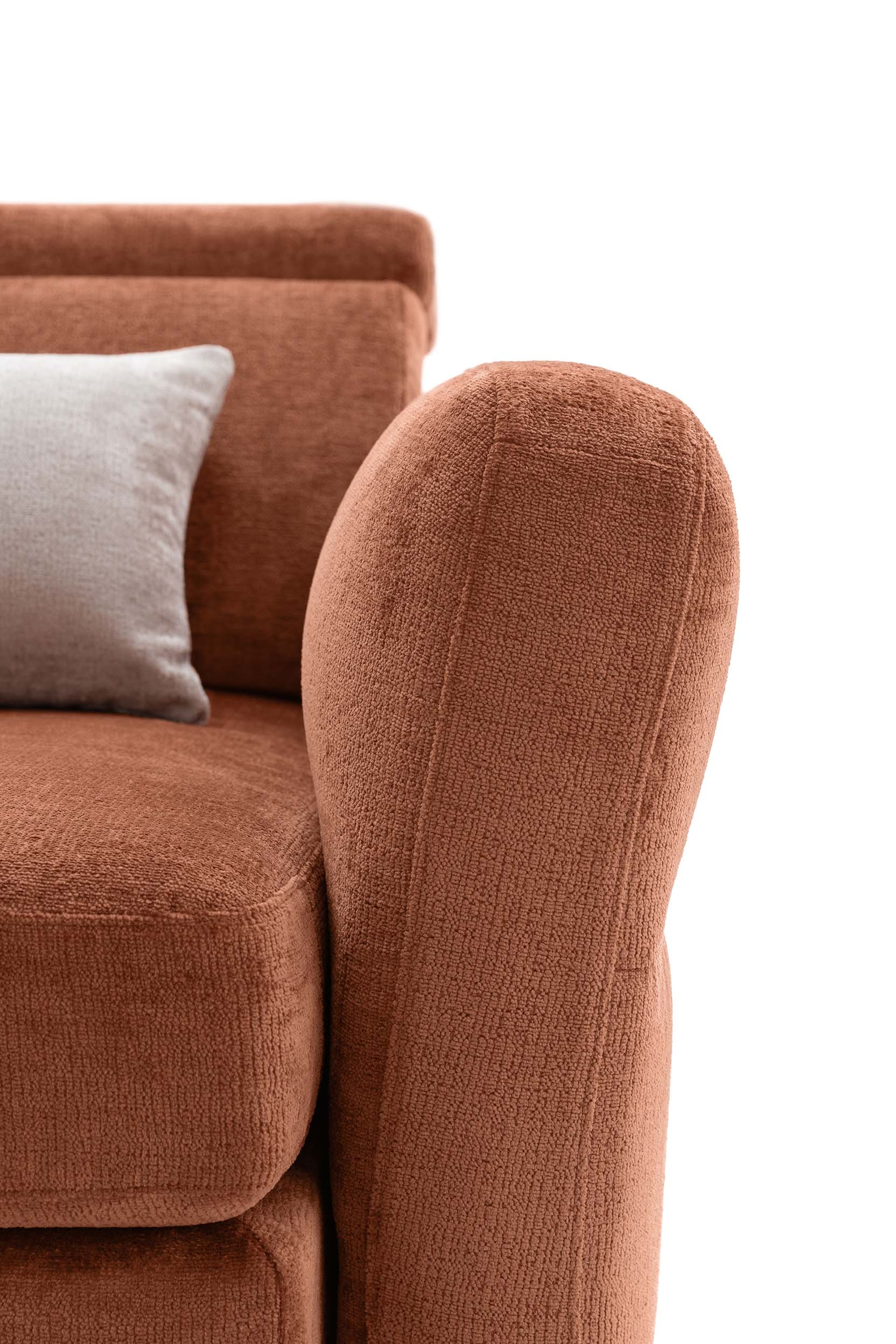 Detail of the Cio armrest of the brick-colored Hill Double sofa