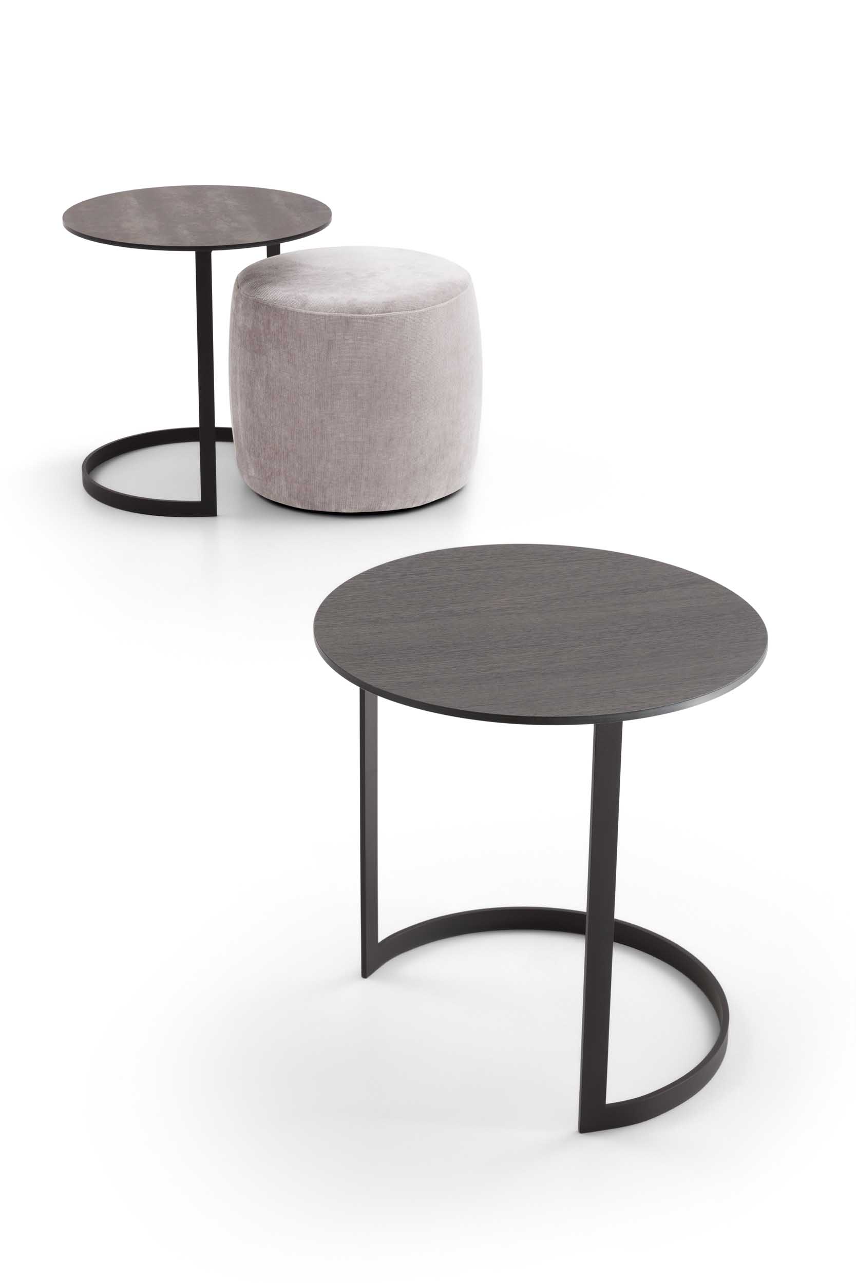 Round coffee table with a semicircular base and gray oak top.