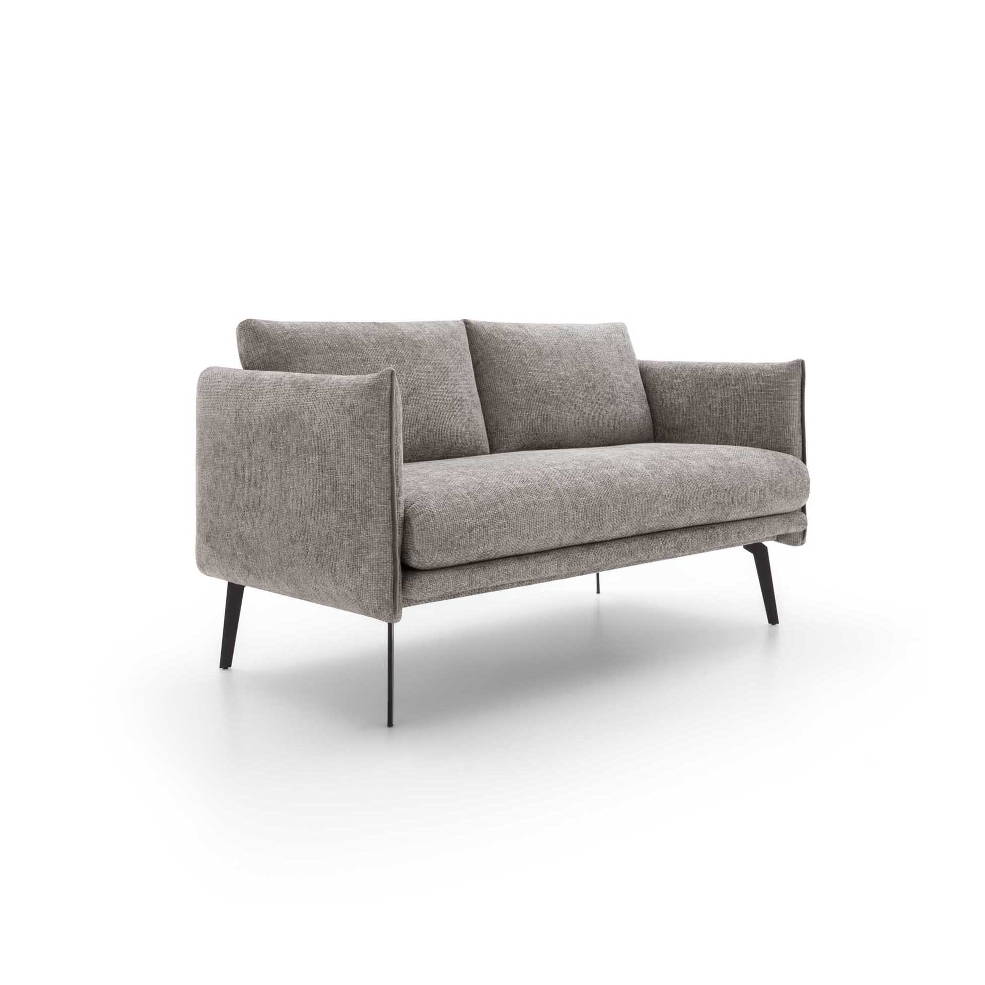Gray upholstered loveseat with sleek legs