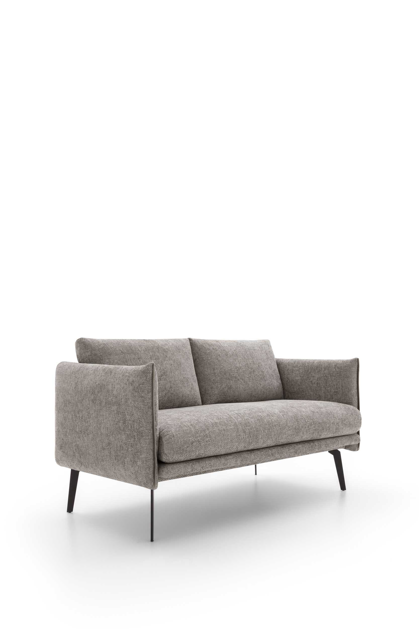 Gray upholstered loveseat with sleek legs