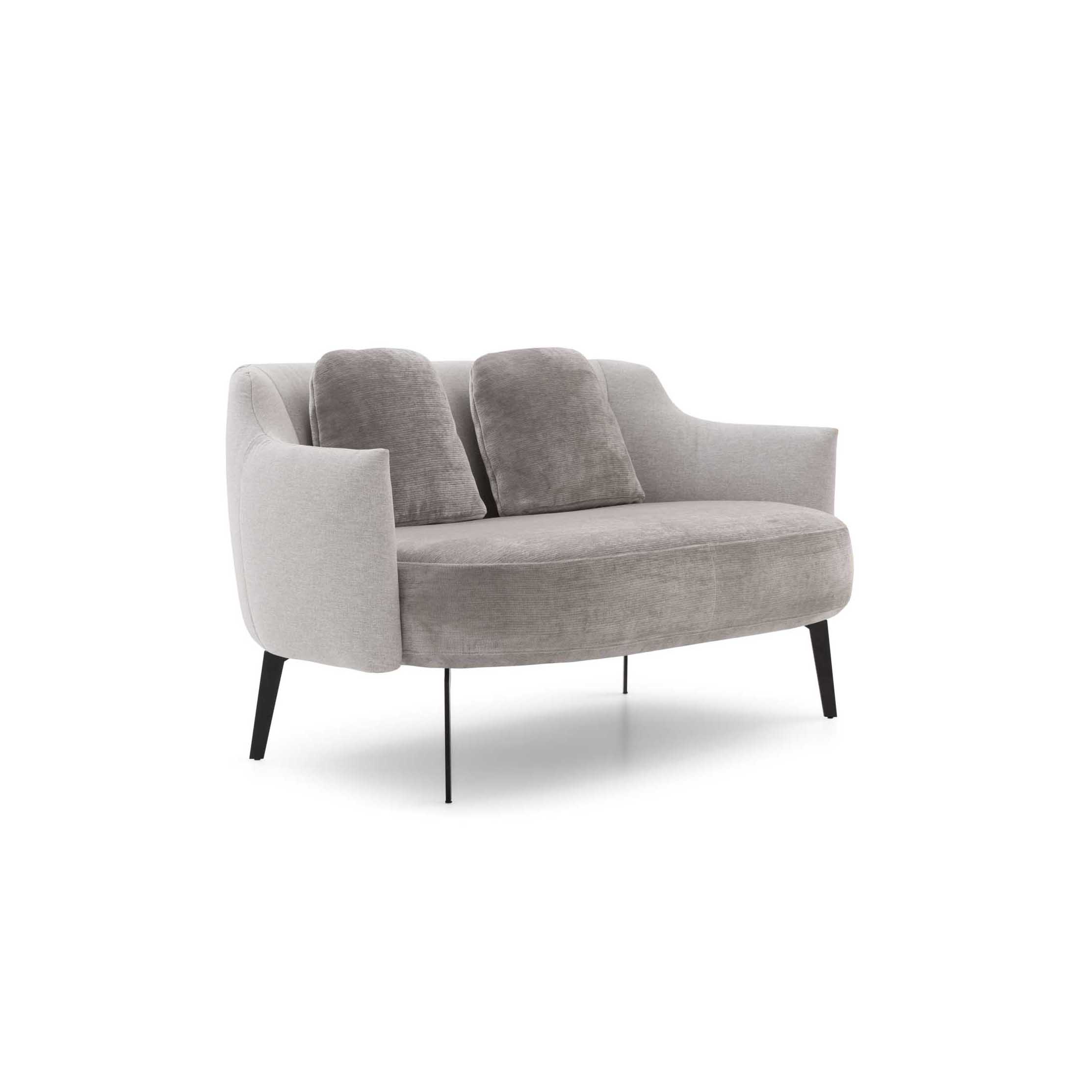 Modern gray loveseat with sleek legs and velvet cushions