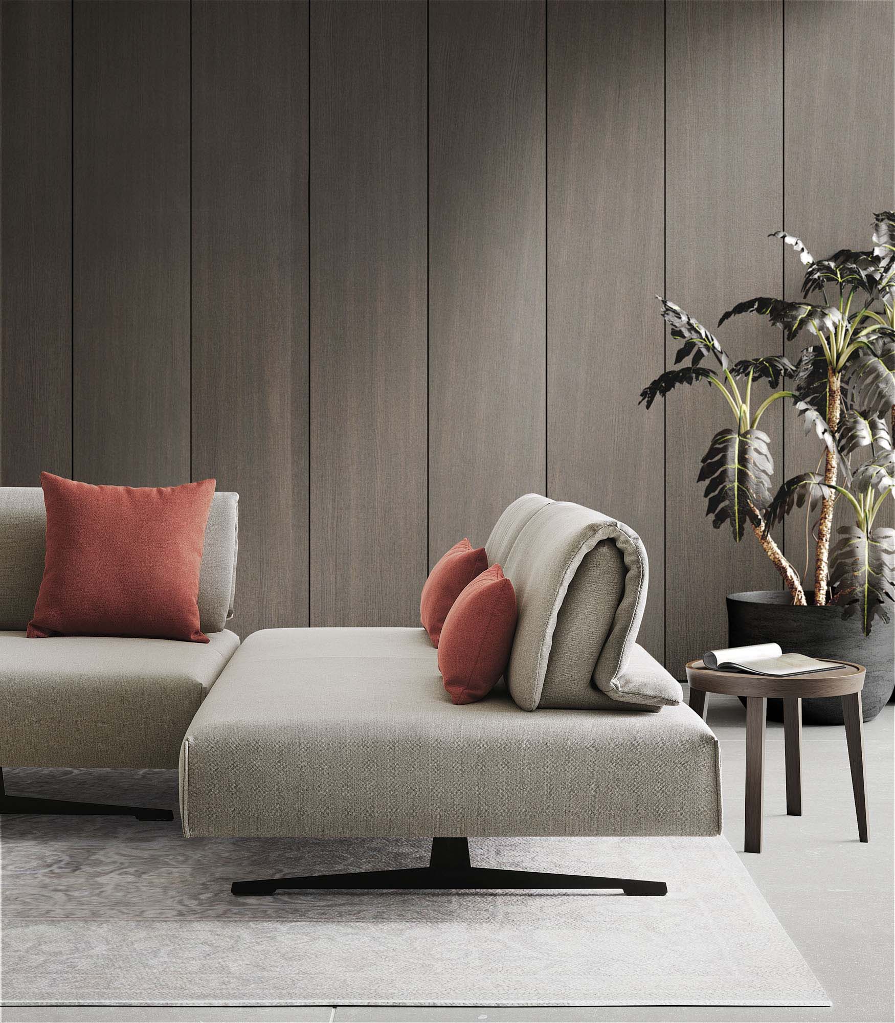 Side view of the Abbraccio sofa seat with deep seating