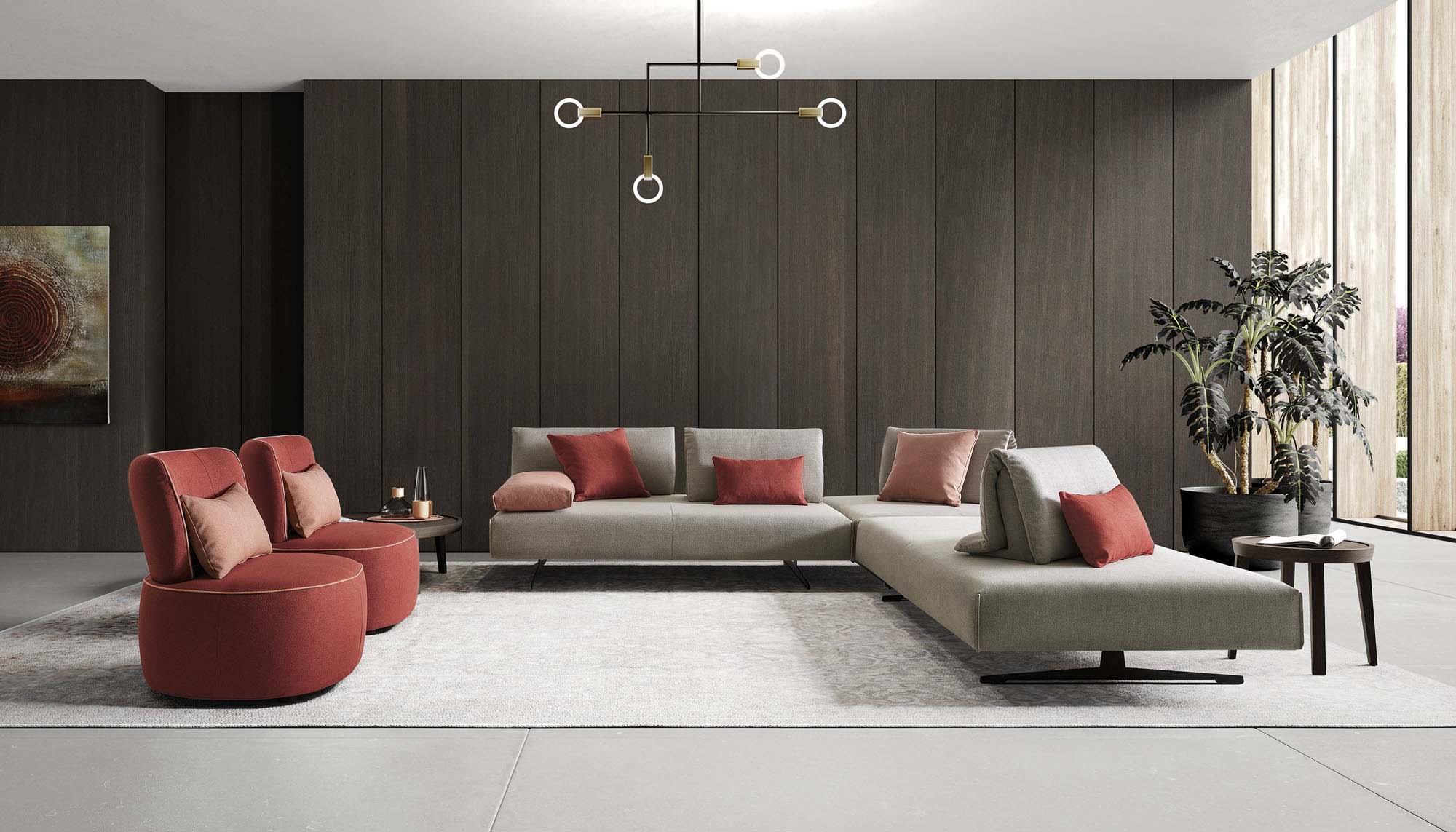 Spacious modern living room furnished with a designer L-shaped sofa and two armchairs