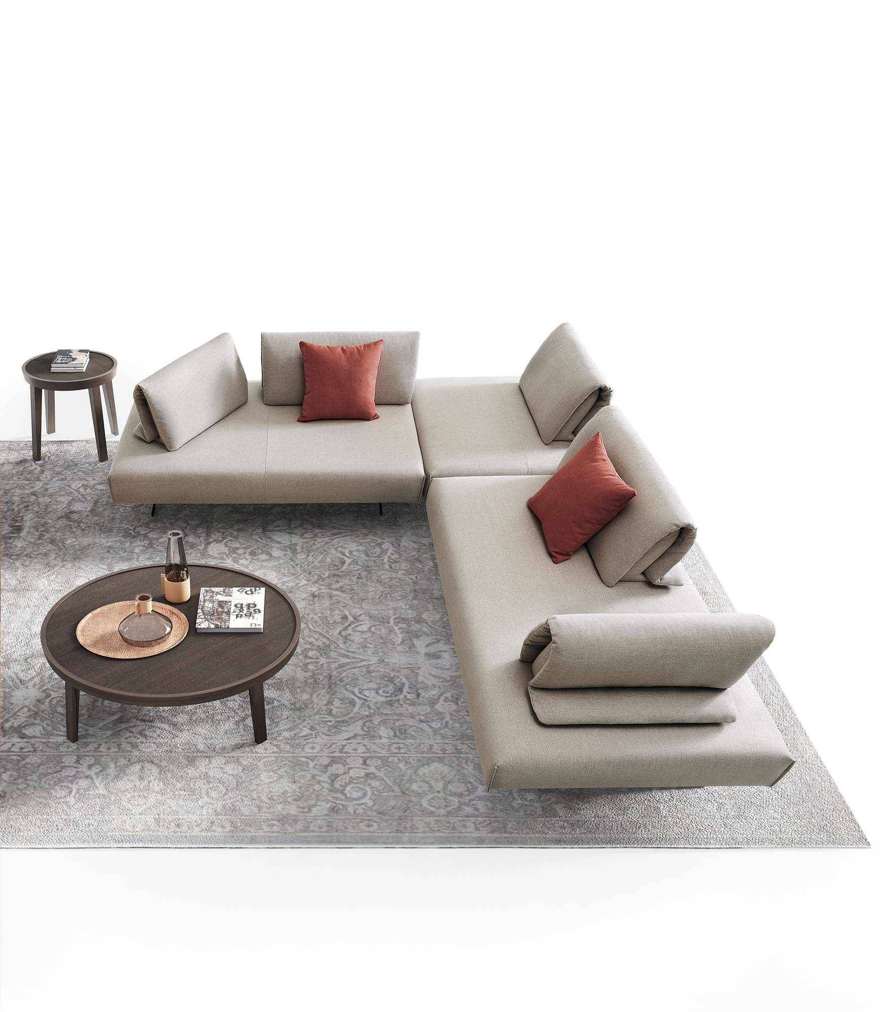 Light grey L-shaped sofa with adjustable and movable backrests