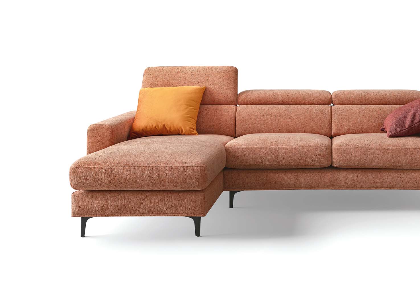 Chaise longue of a sofa with modern and high feet and adjustable headrests
