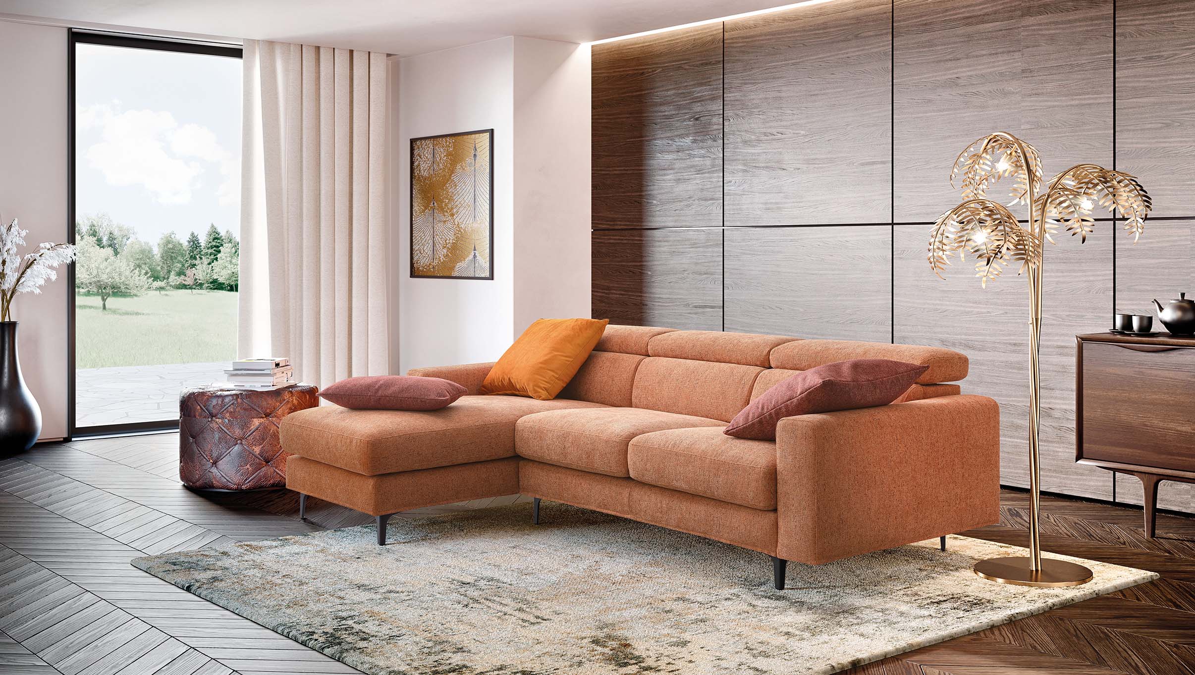 Modern Argo sofa in a modern living room. High feet, adjustable headrests and chaise longue