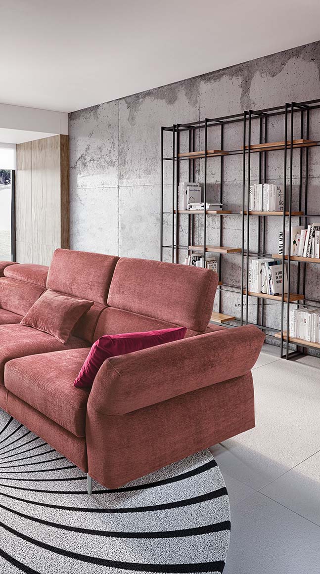Faux-velvet fabric sofa with extended headrests