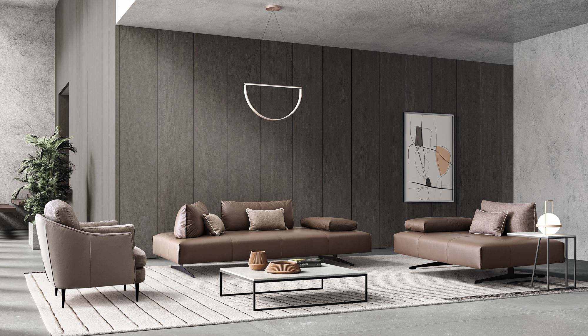 Modern room furnished with the brown Bacio sofa and matching armchair