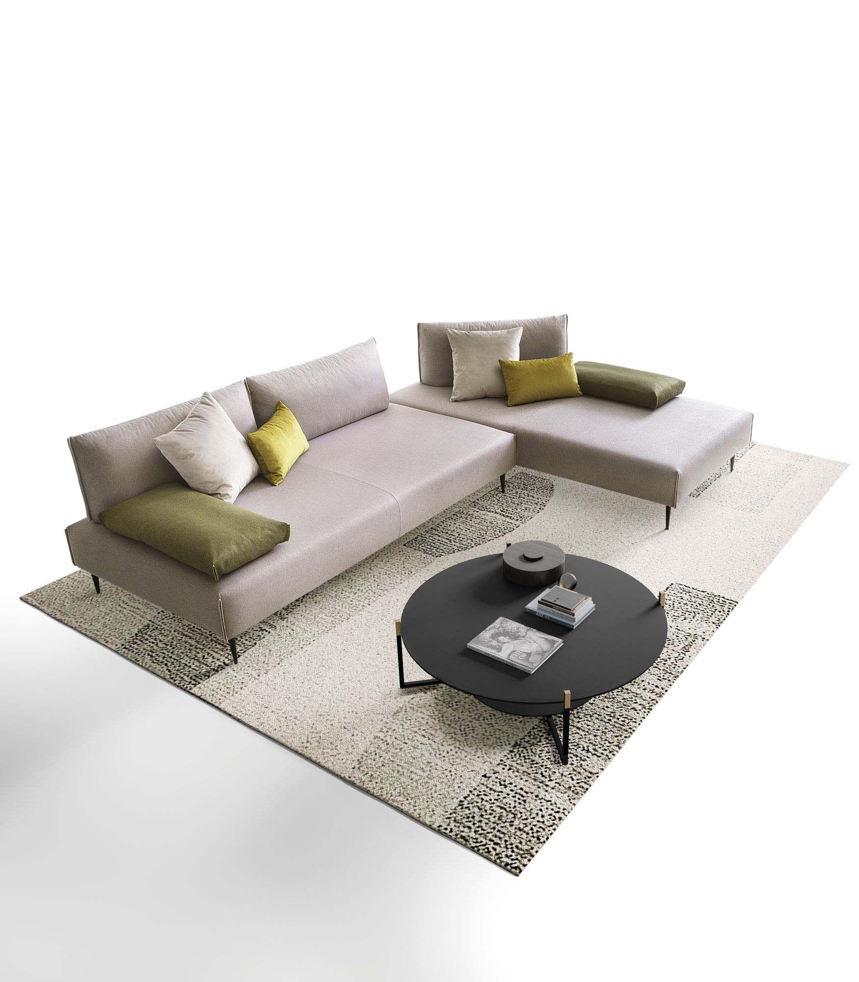 Modular grey and green fabric sofa configured as a chaise longue