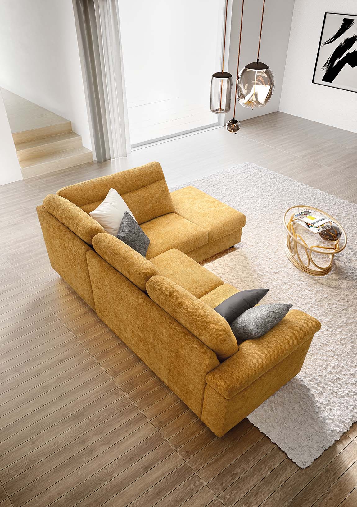 Bellargo sofa with rear and top view. Classic style in harmony with a modern setting