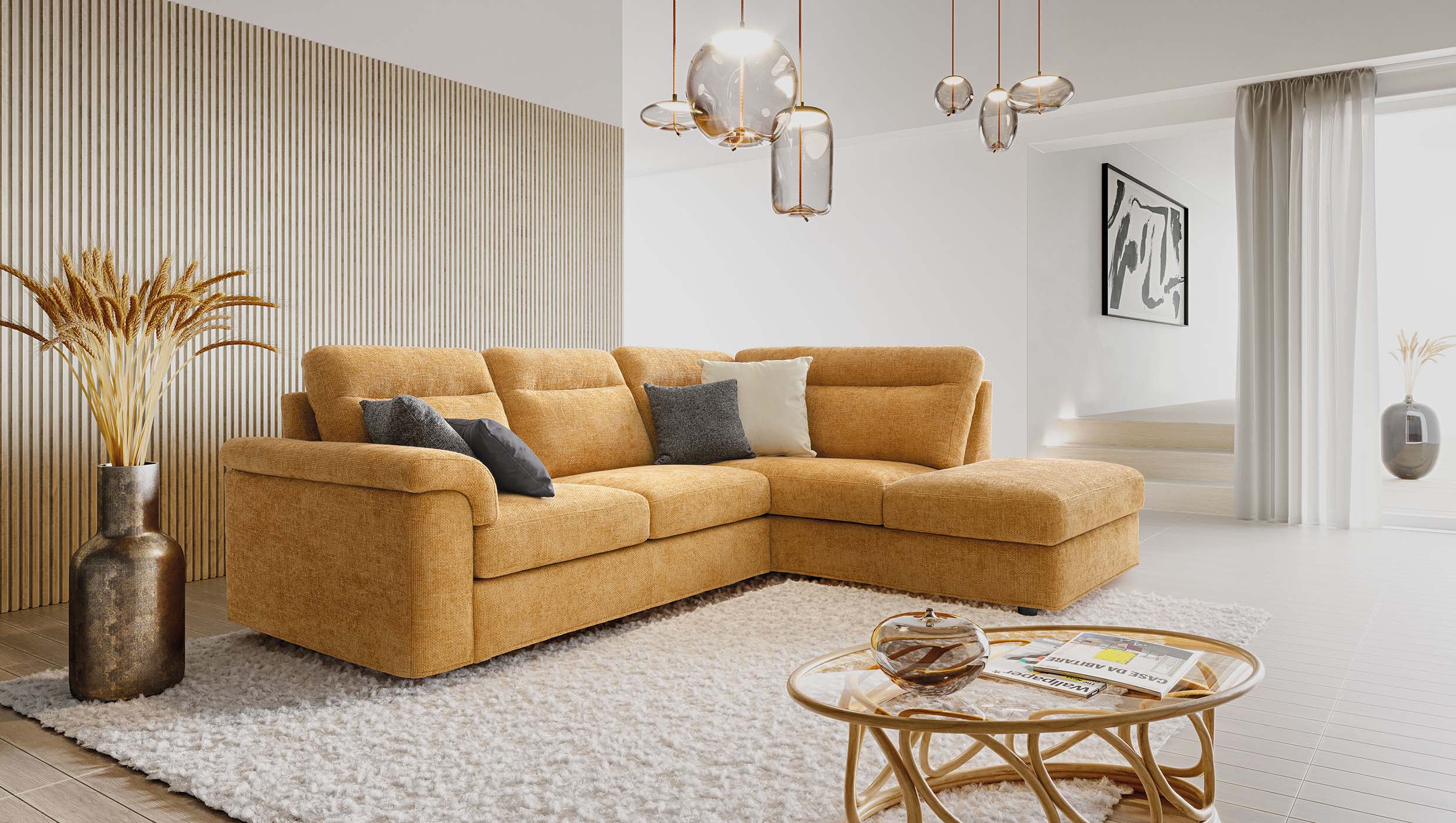 Mustard yellow chaise sofa with high backrest and soft, comfortable armrests