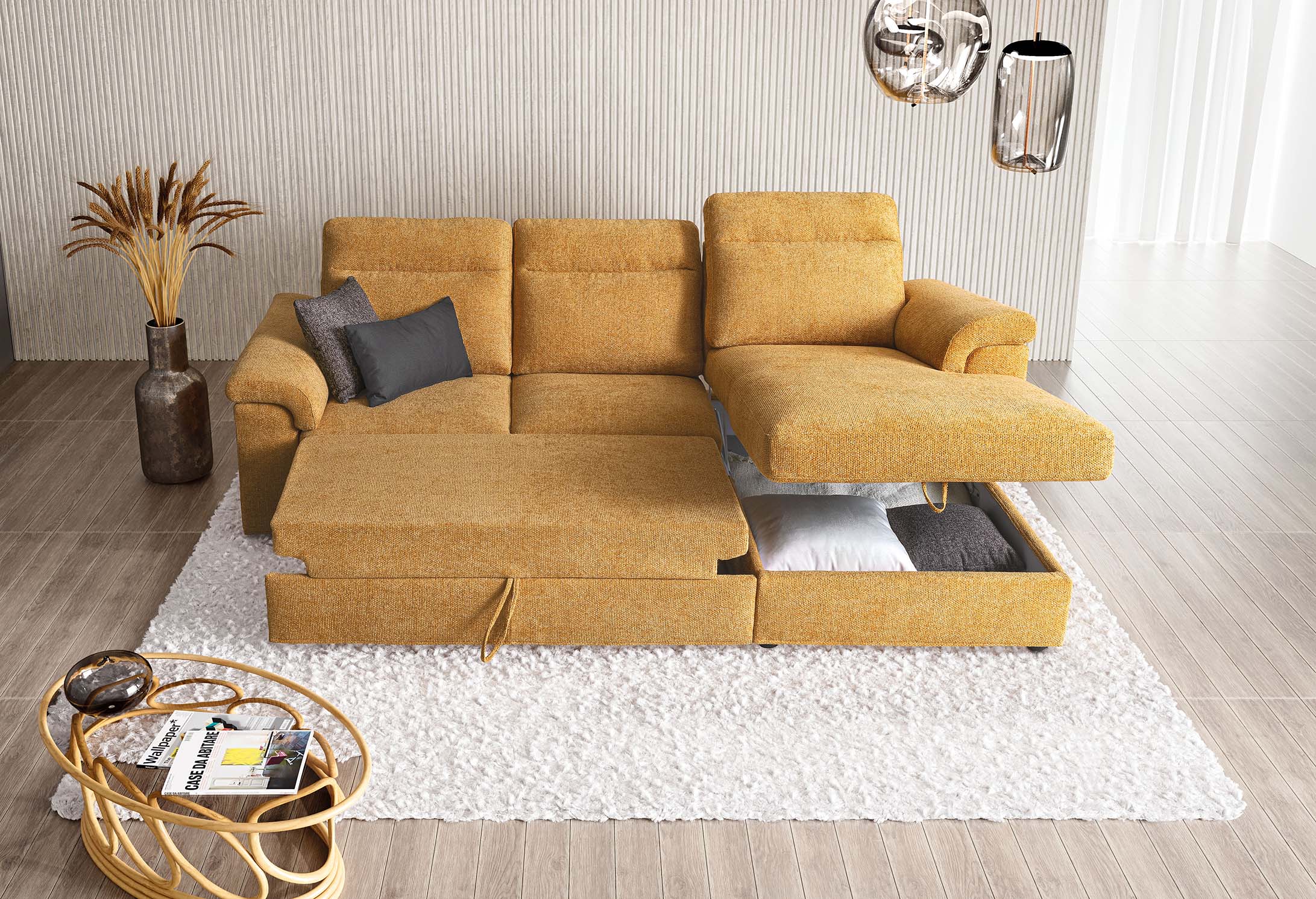 Bellargo sofa with all functions: storage and pull-out footrest platform