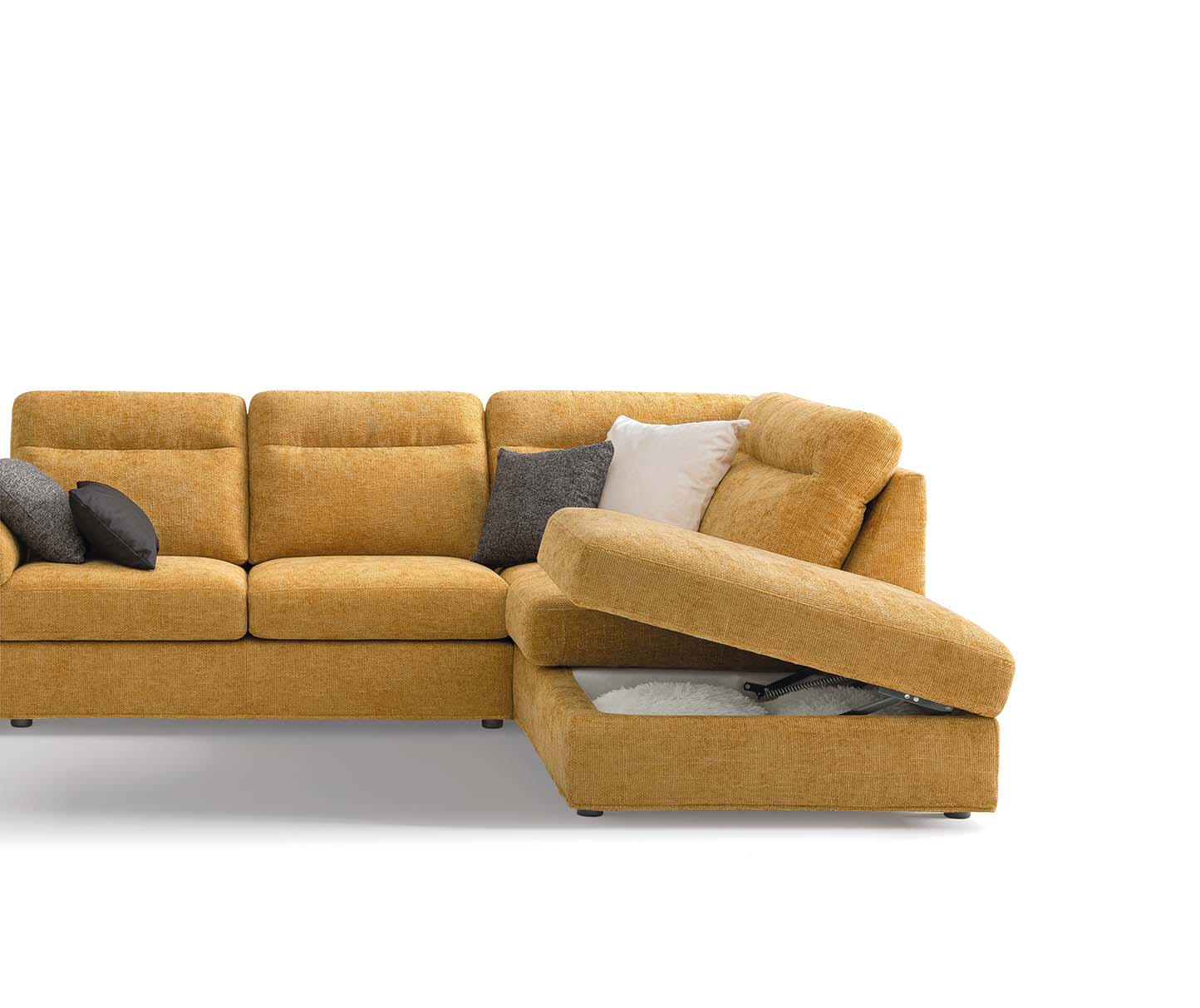 Corner sofa with chaise longue that becomes a convenient storage for storing blankets and cushions