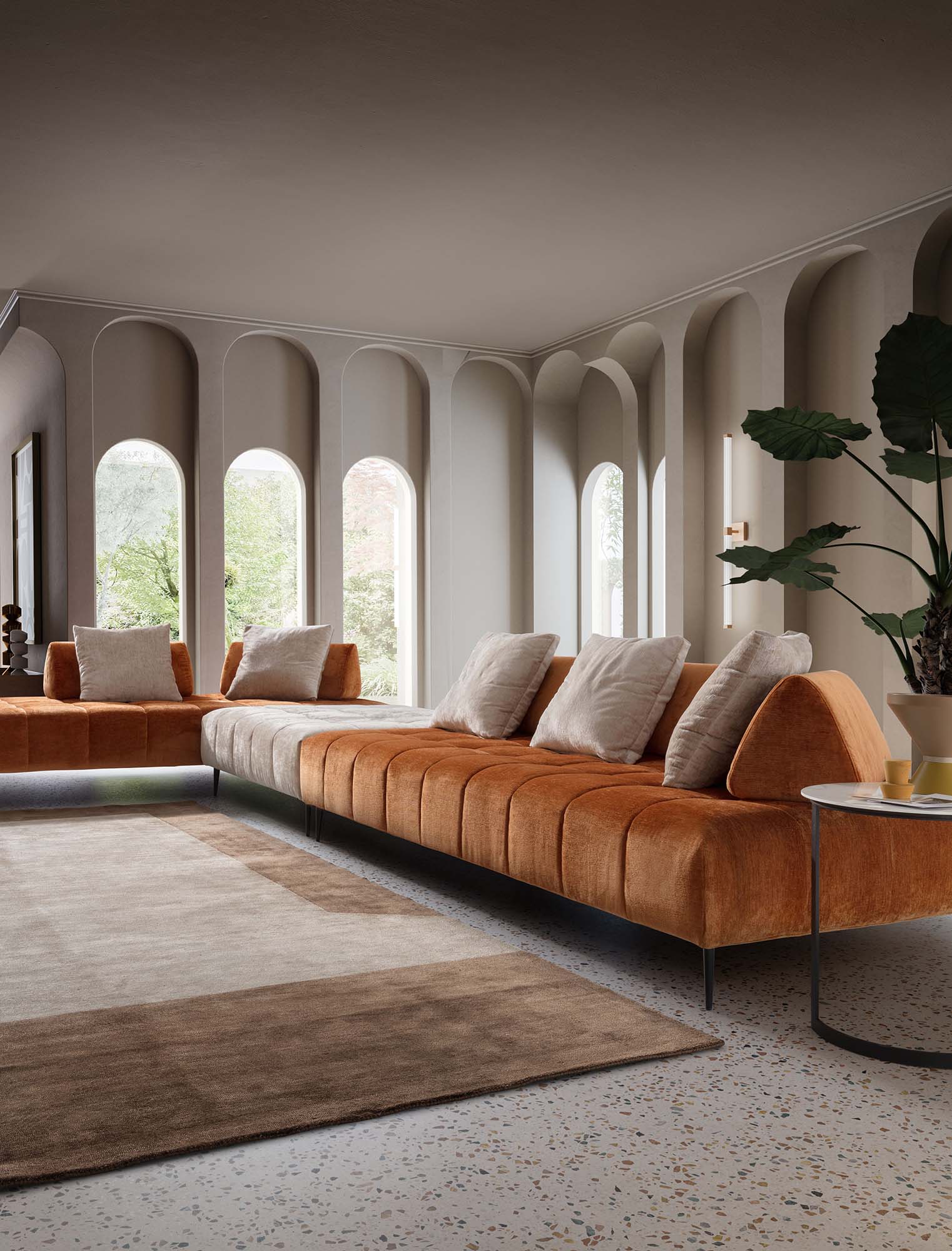 Bowie modular sofa in angular composition, orange and white color with sliding backrests
