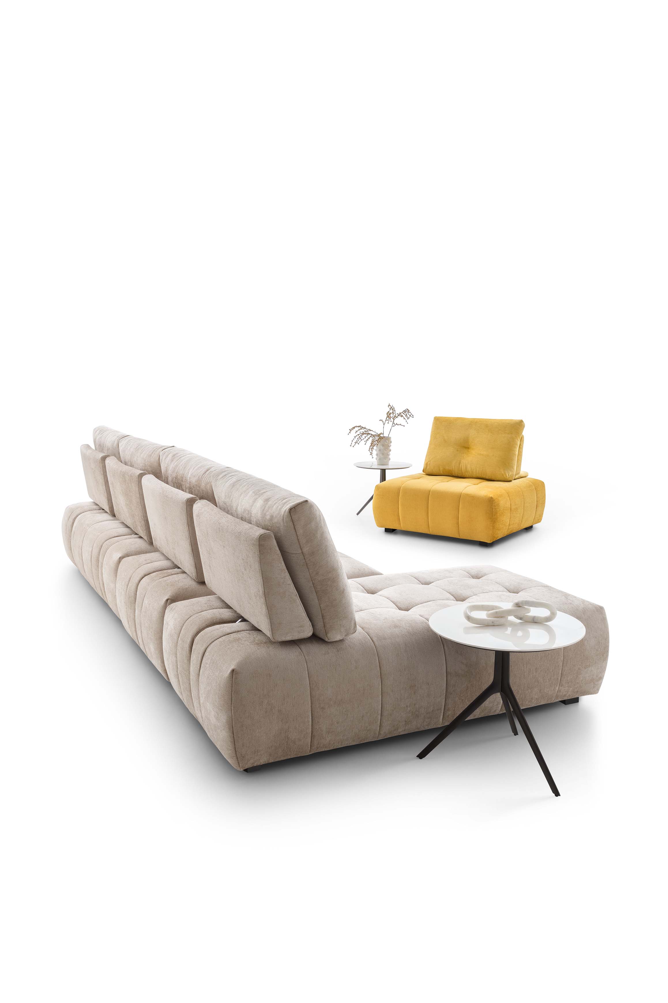 Modular sofa in classic composition with chaise longue. Light texil upholstery and separate yellow relaxation island