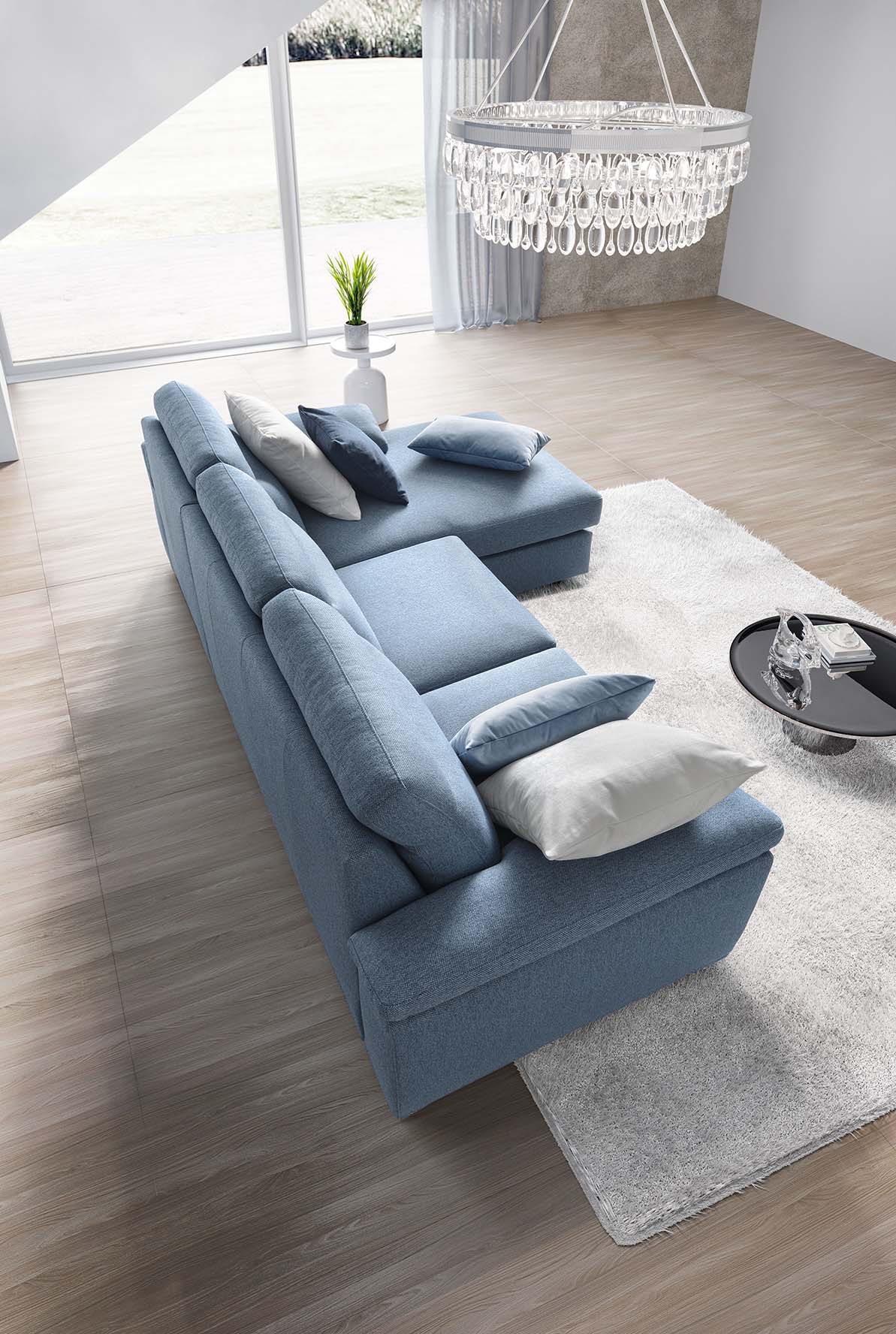 Caligo sofa seen from above: wide and comfortable backrest and modern armrests