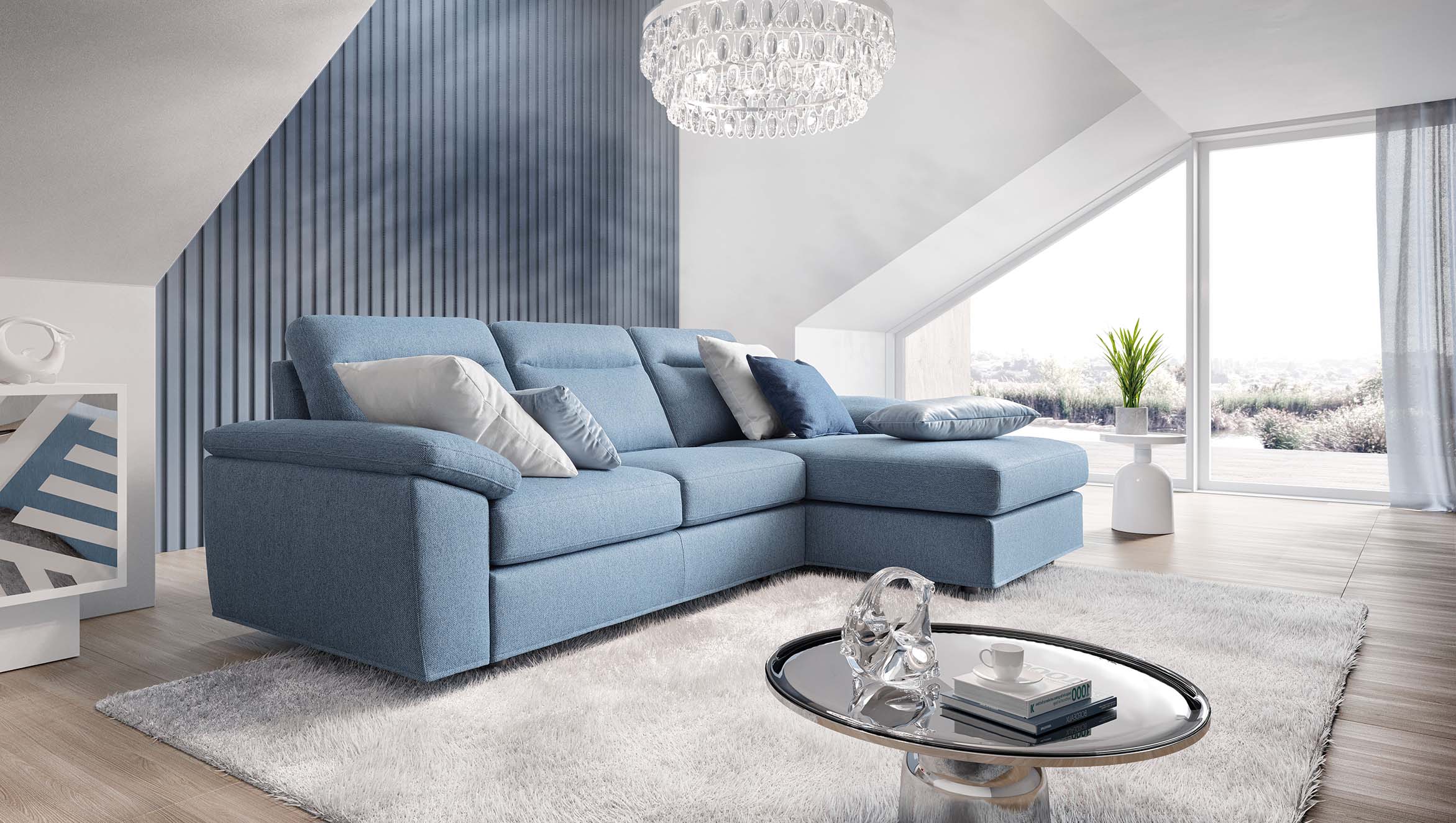 Three-seater sofa with high backrest and chaise longue. Classic style in a contemporary setting