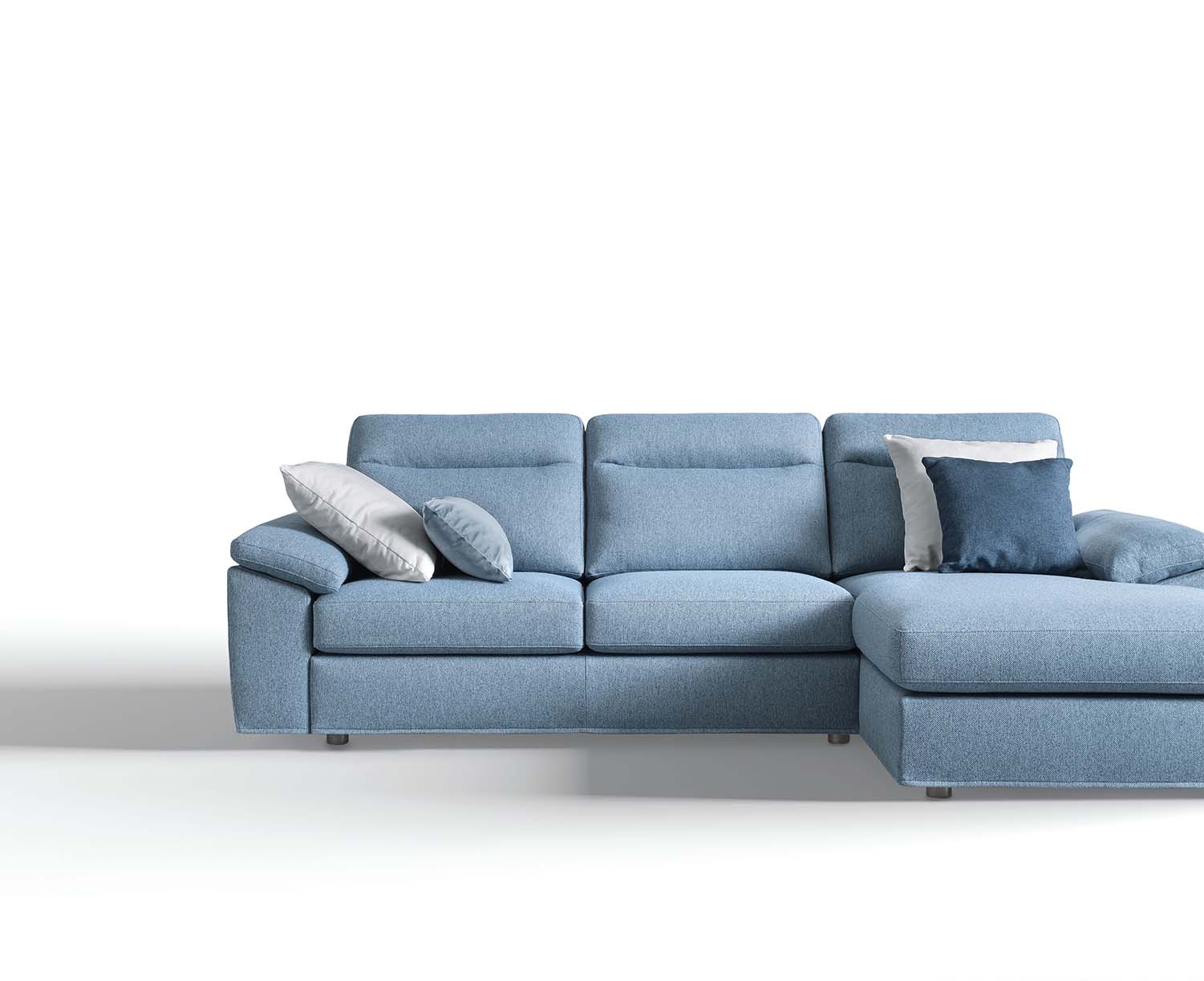 Light blue sofa with removable covering and white and blue cushions