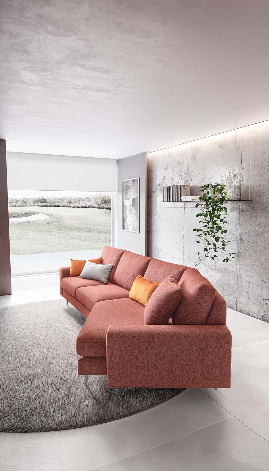 Side view of a sofa with asymmetrical seat. Modern style with square and simple armrests