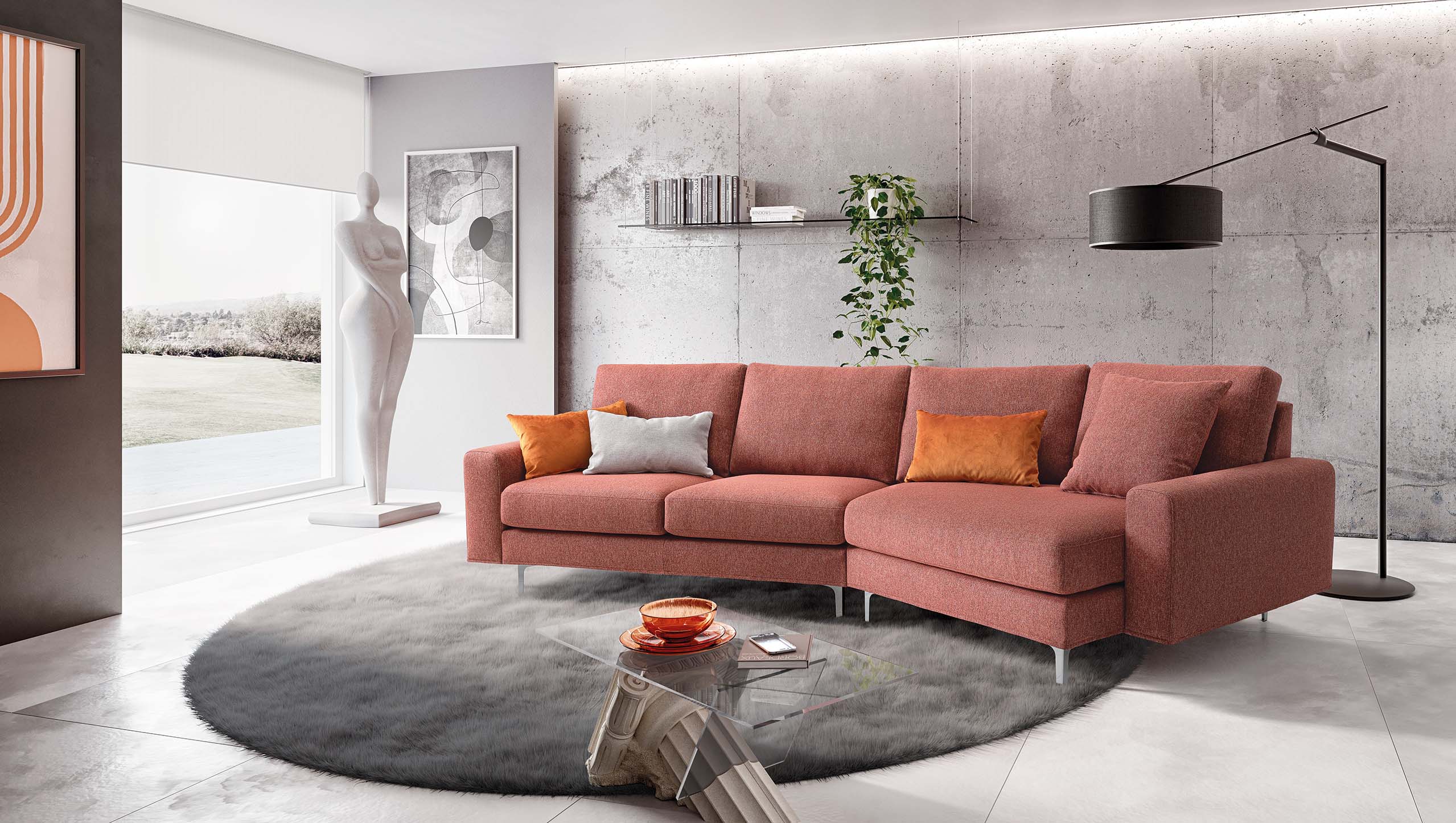 Modern sofa with high feet and asymmetrical side seat