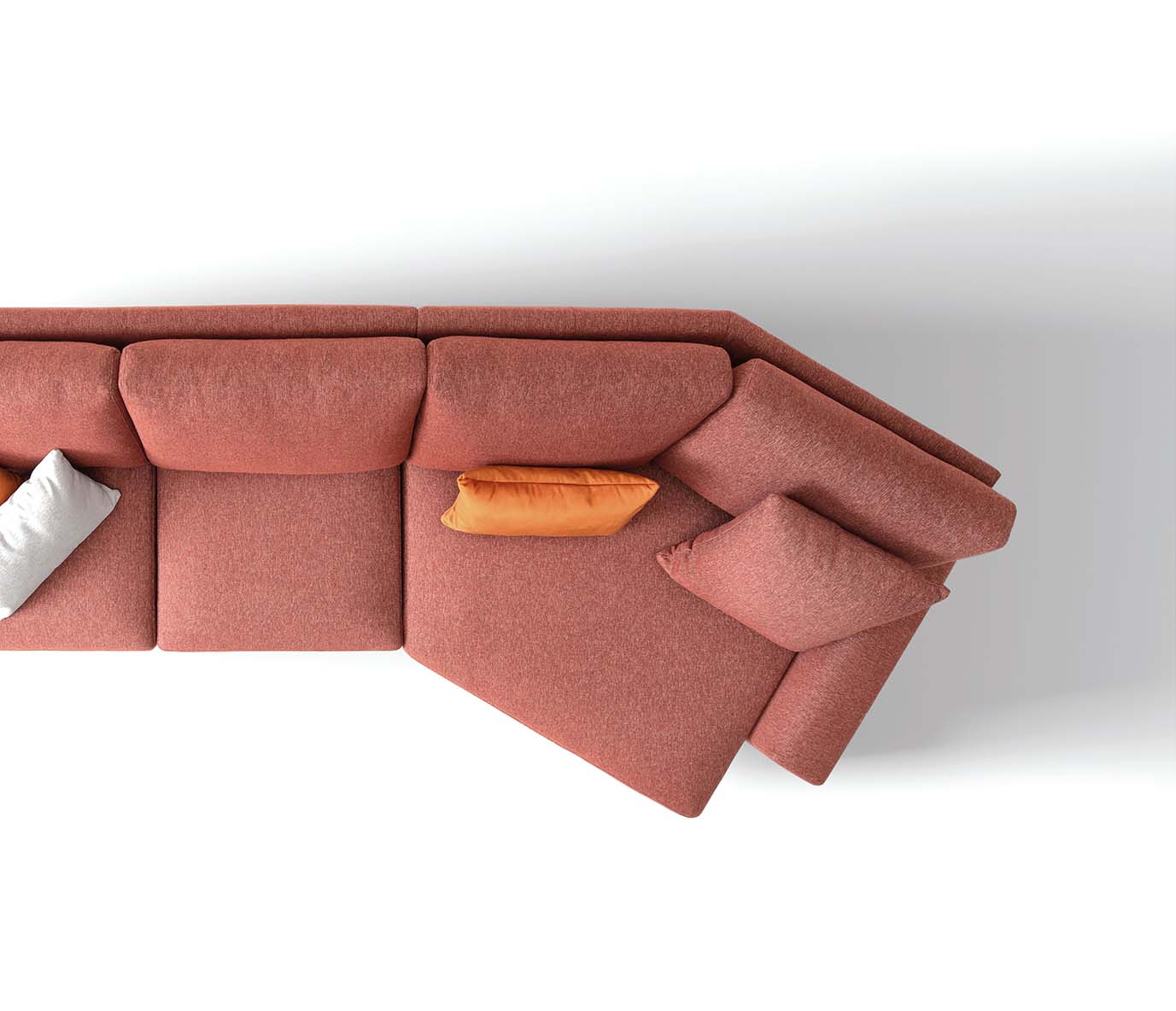 Zenith view of a modern asymmetrical seat corner sofa with soft cushions
