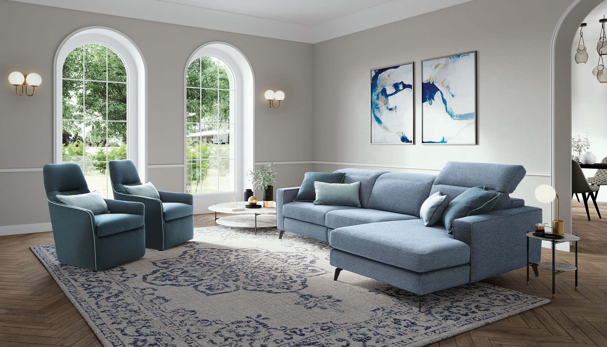 Christopher light blue fabric sofa with 7-position adjustable headrest