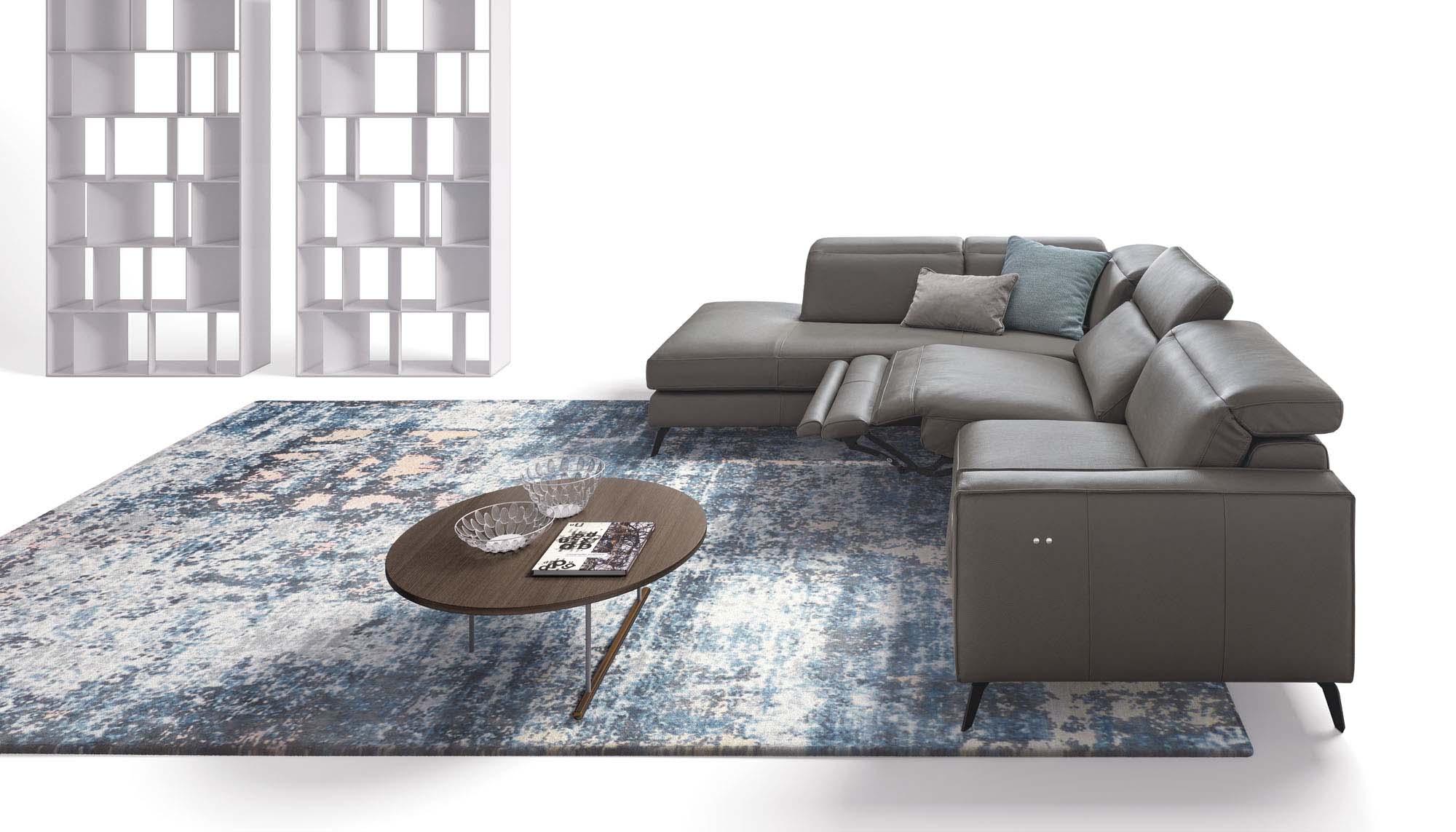 Grey leather sofa with electric reclining mechanism, adjustable headrests and chaise longue