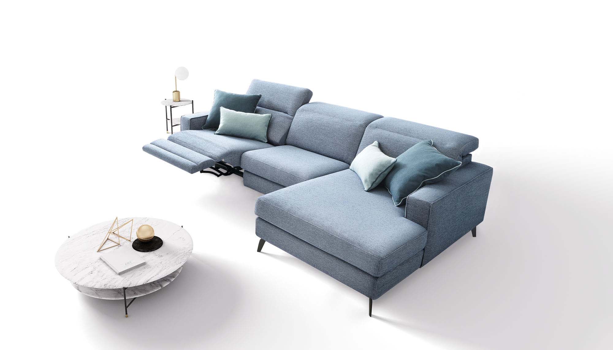 Modern fabric sofa with reclining mechanism and chaise longue