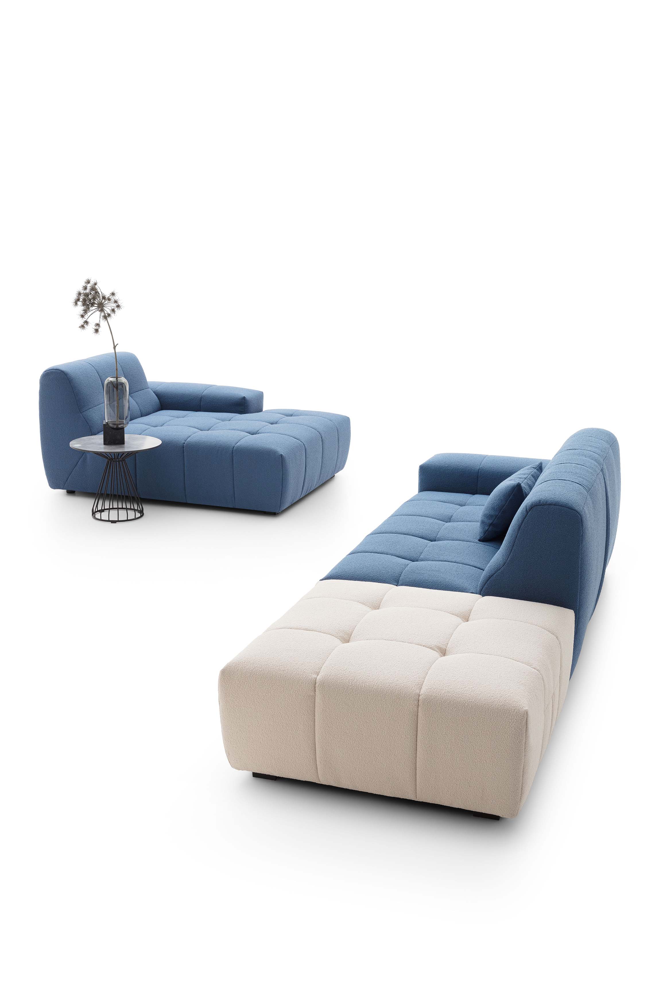 Modular sofa in two versions: single chaise longue with armrest, and linear composition.