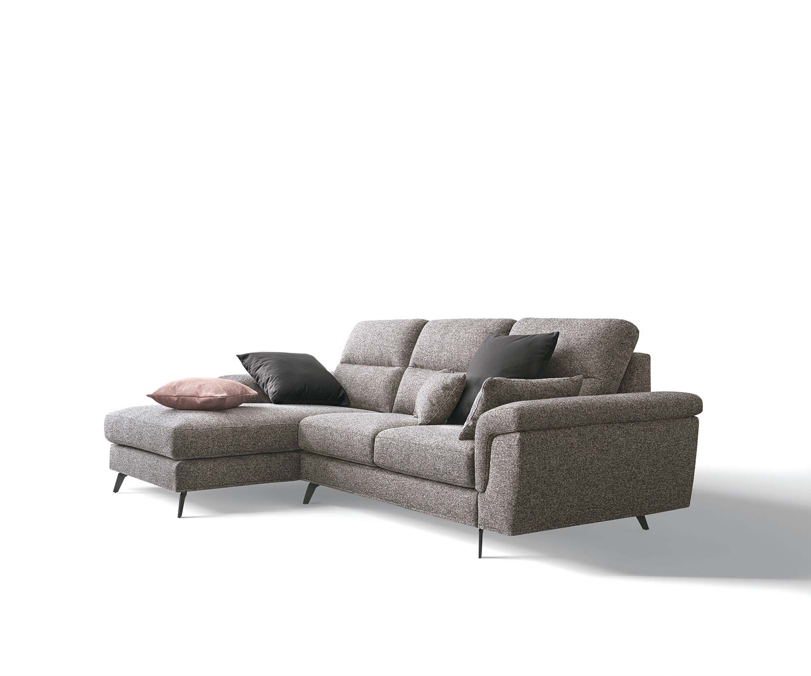 Sofa with modern feet and peninsula composition. High and padded backrest
