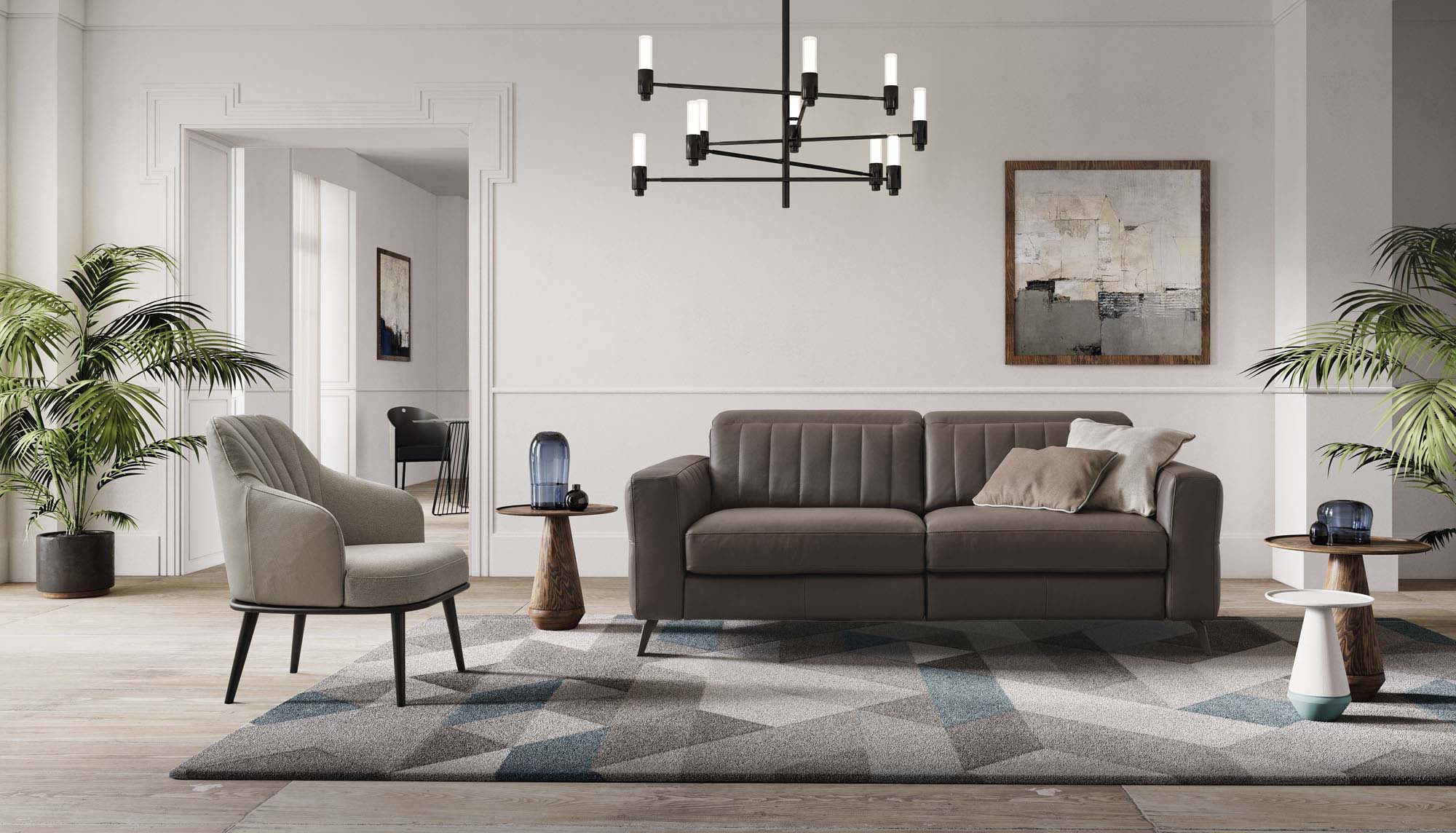 Modern living room furnished with a modern brown leather sofa.