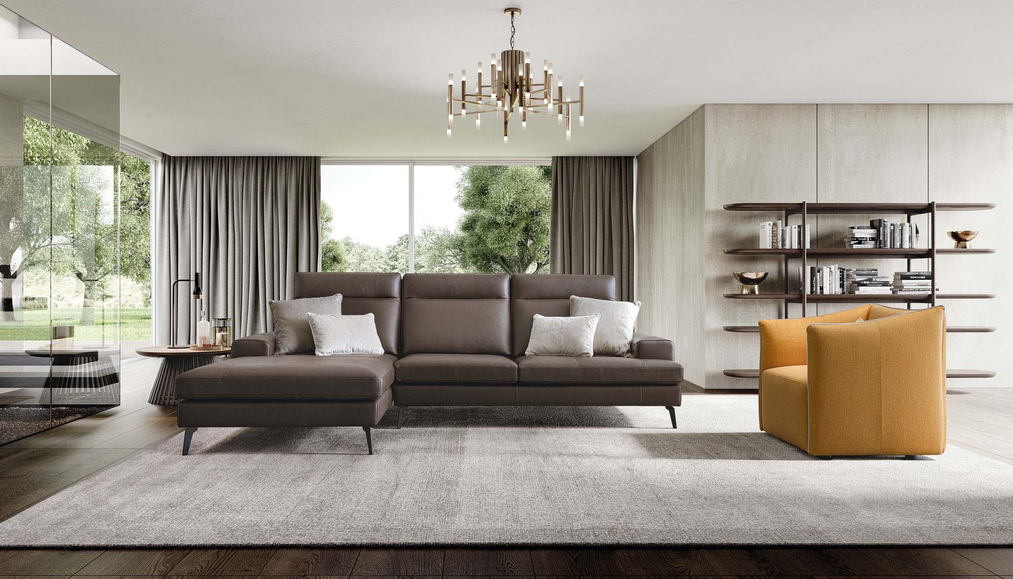 Refined modern brown leather sofa with high backrest and chaise longue