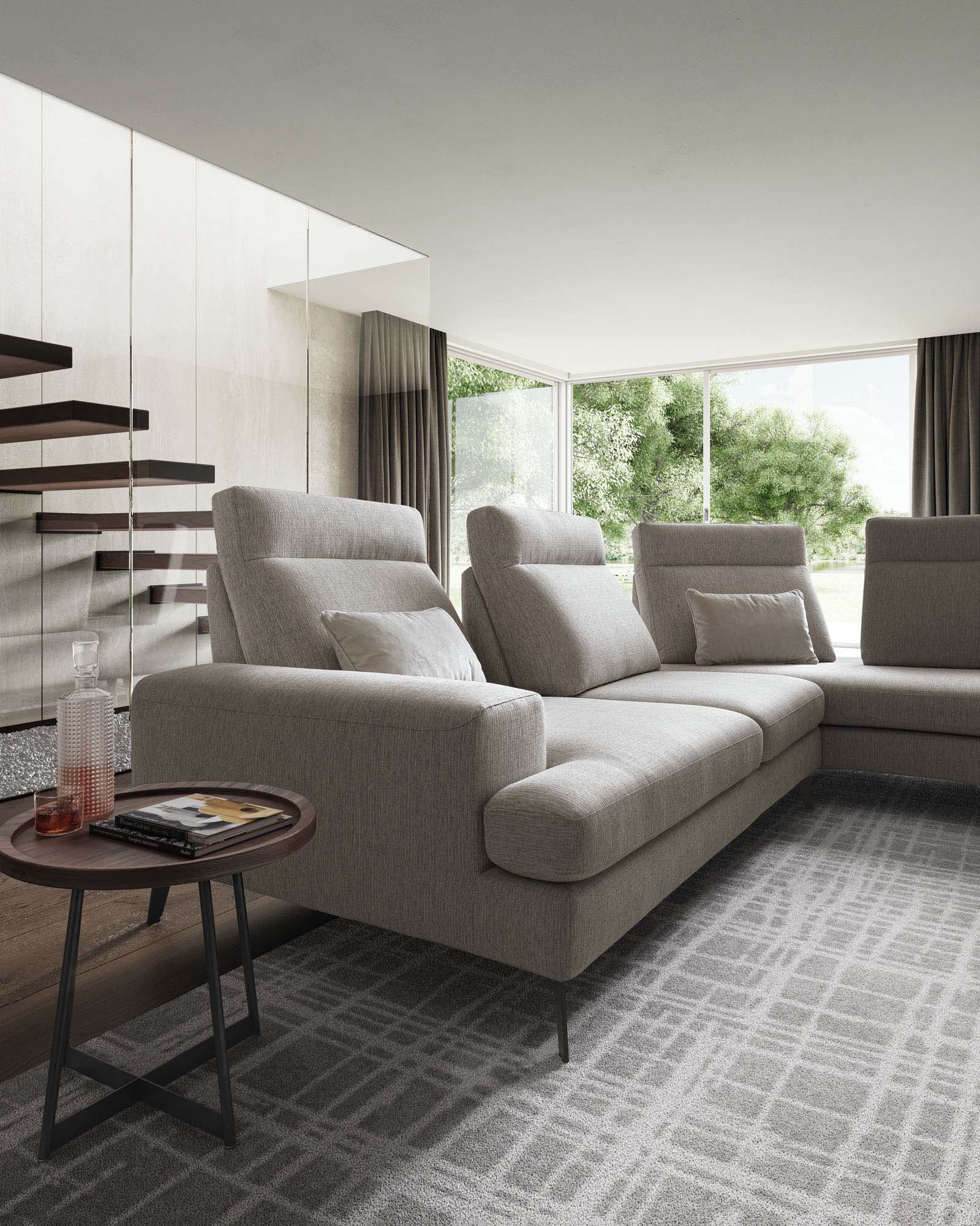 White L-shaped sofa with adjustable and sliding high backrests