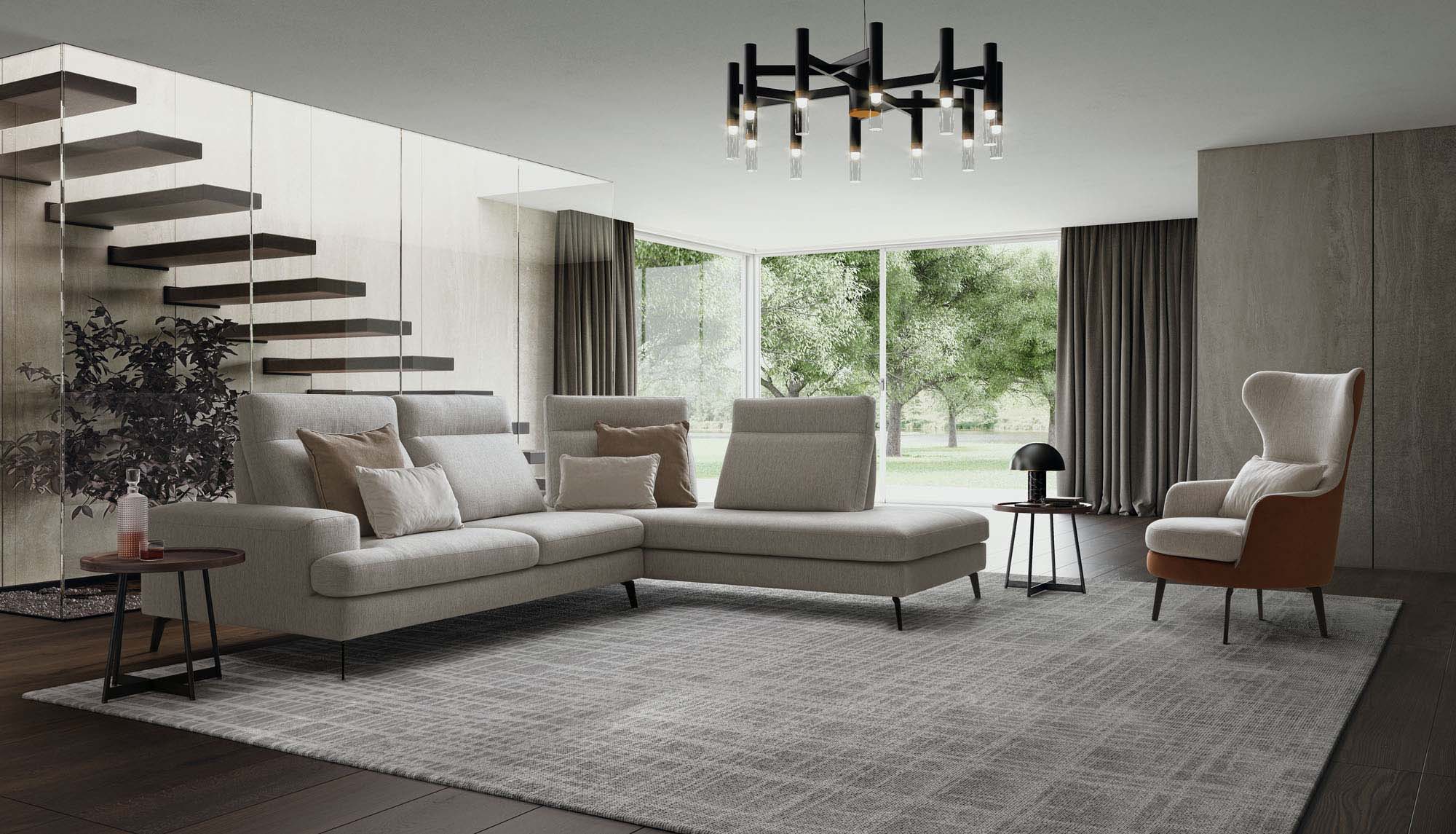 Emmet chaise longue sofa in white fabric version with high legs.