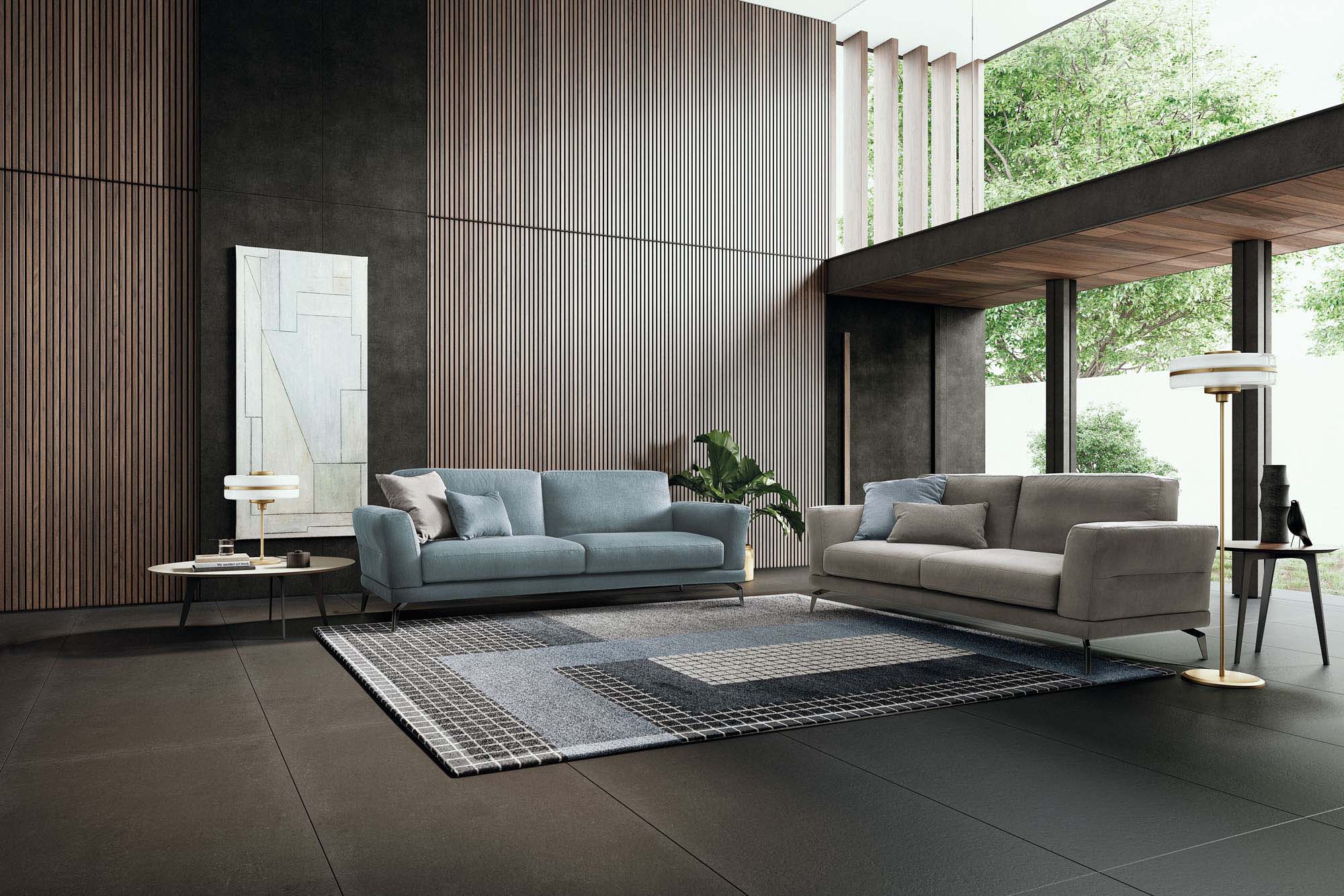 Living room furnished with modern silver and light blue fabric sofas