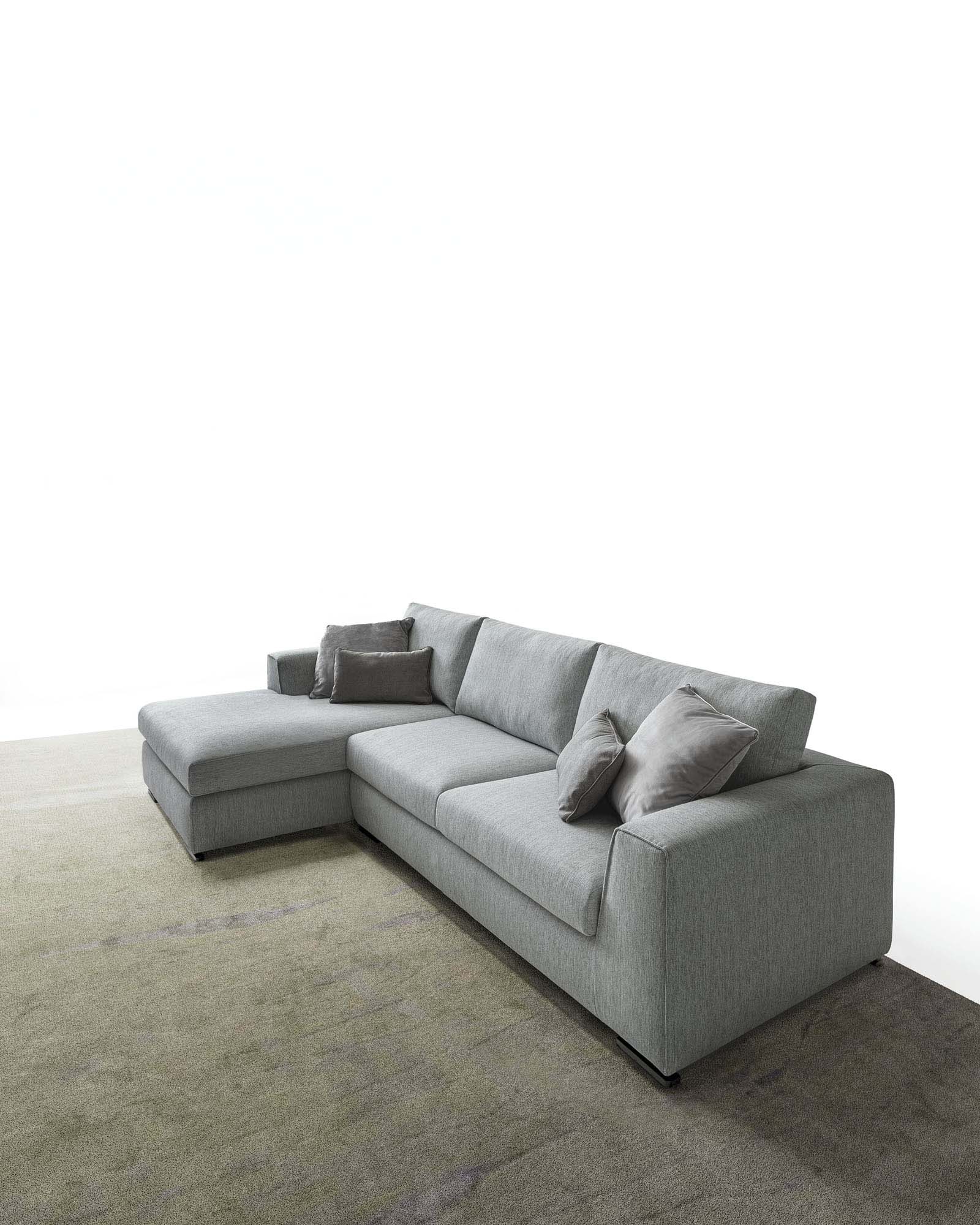 Comfortable three-seater grey fabric sofa with grey cushions