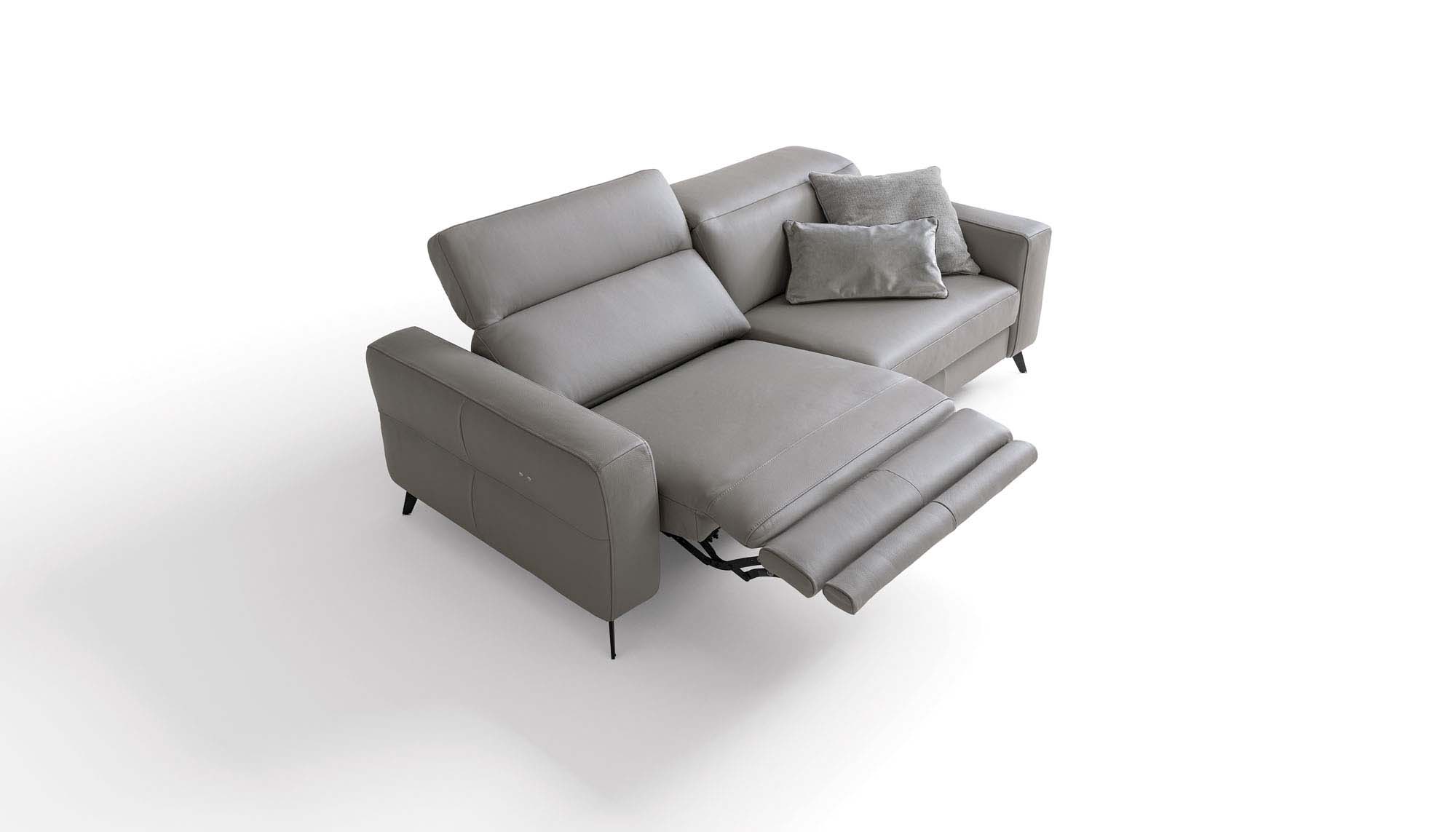 Elegant grey leather two-seater sofa with reclining mechanism
