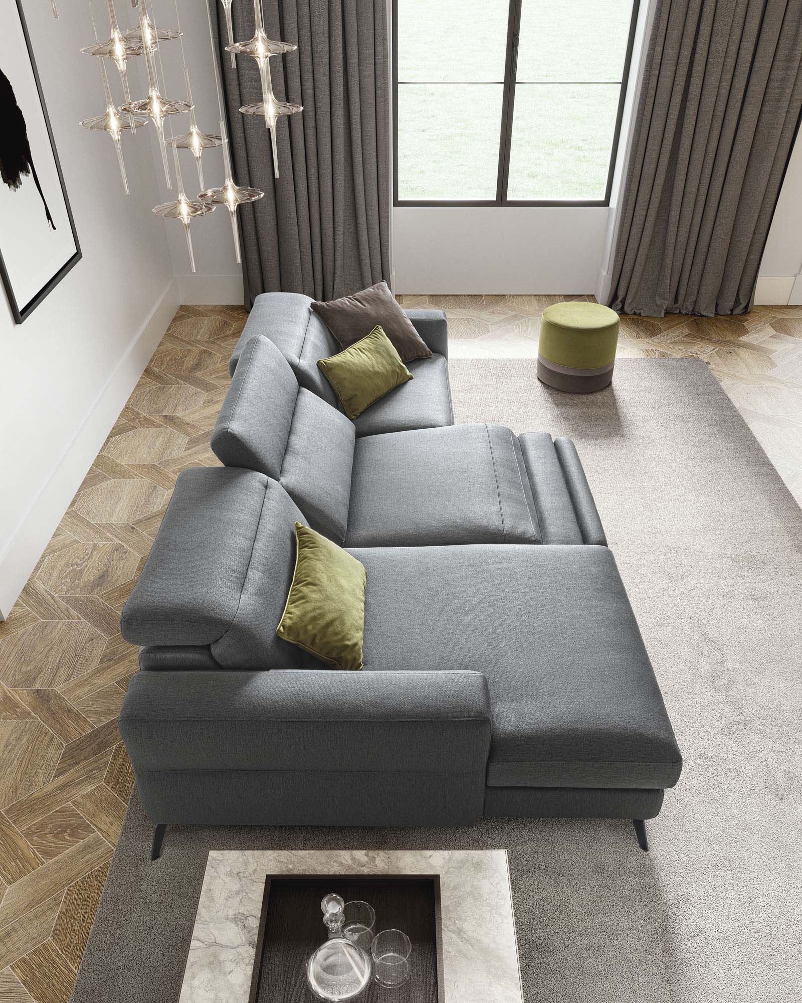 Elegant grey leather two-seater sofa with reclining mechanism