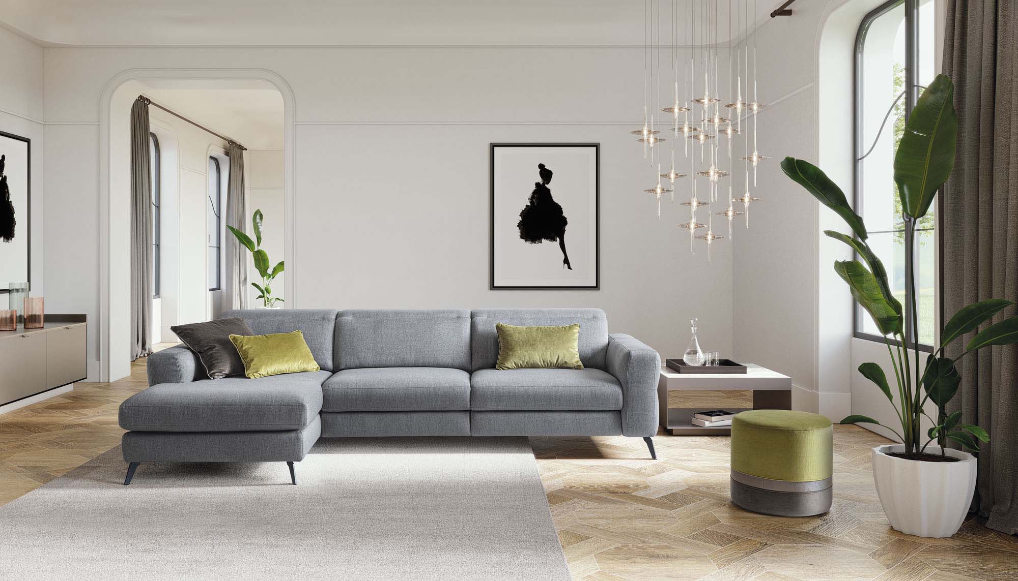 Modern living room furnished with a grey chaise longue sofa with adjustable headrests