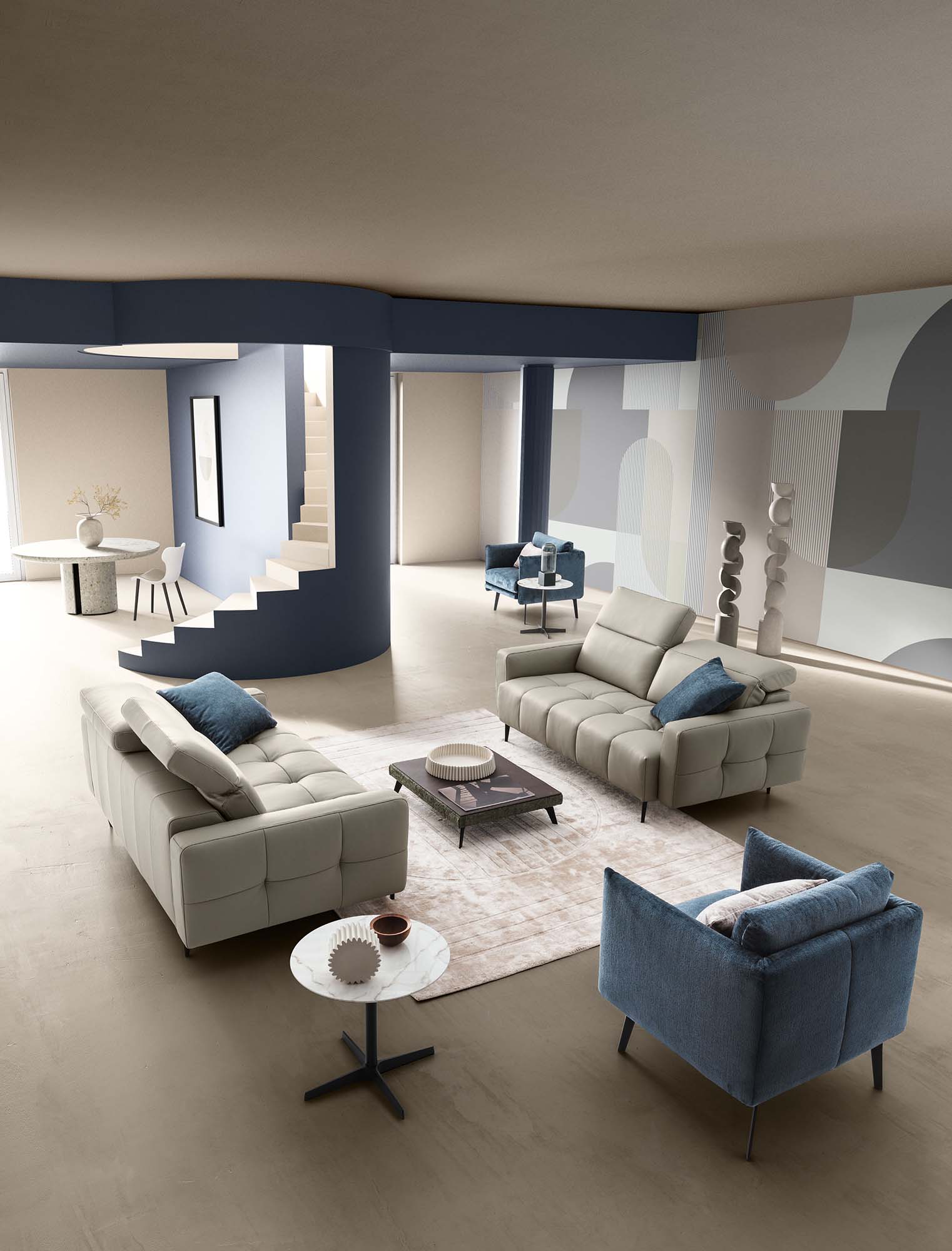 Living Room Furnished with Two Linear Modules of the Gillan Quilted Genuine Leather Sofa in Grey