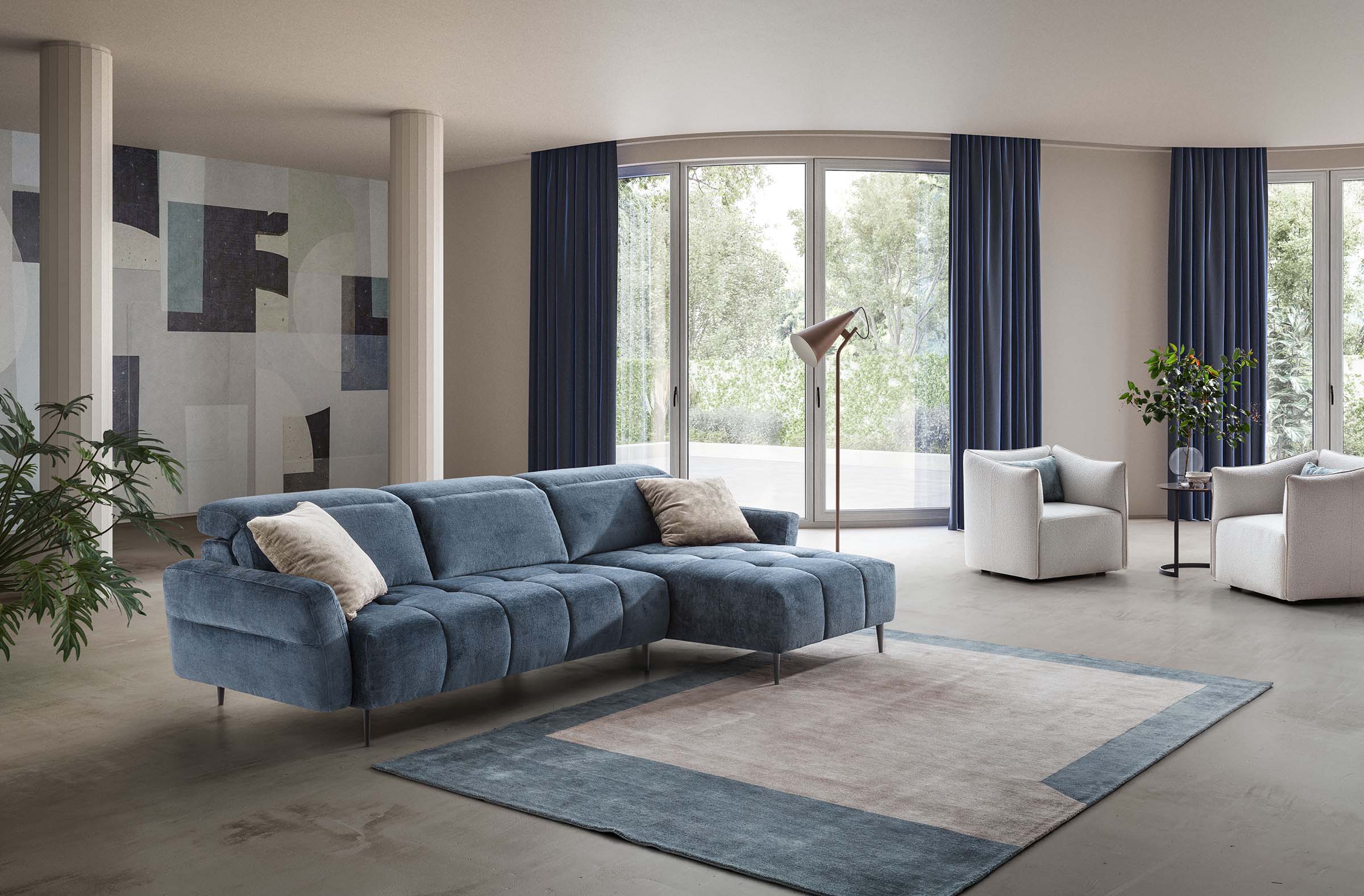 Quilted Modular Three-Seater Sofa with Chaise Longue and Adjustable Headrests. Single Modules Hooked Together
