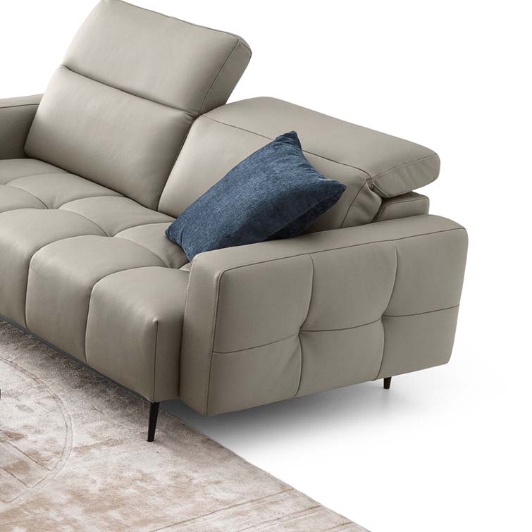 Grey Quilted Leather Sofa with Adjustable Headrests and Thin, Designer Legs