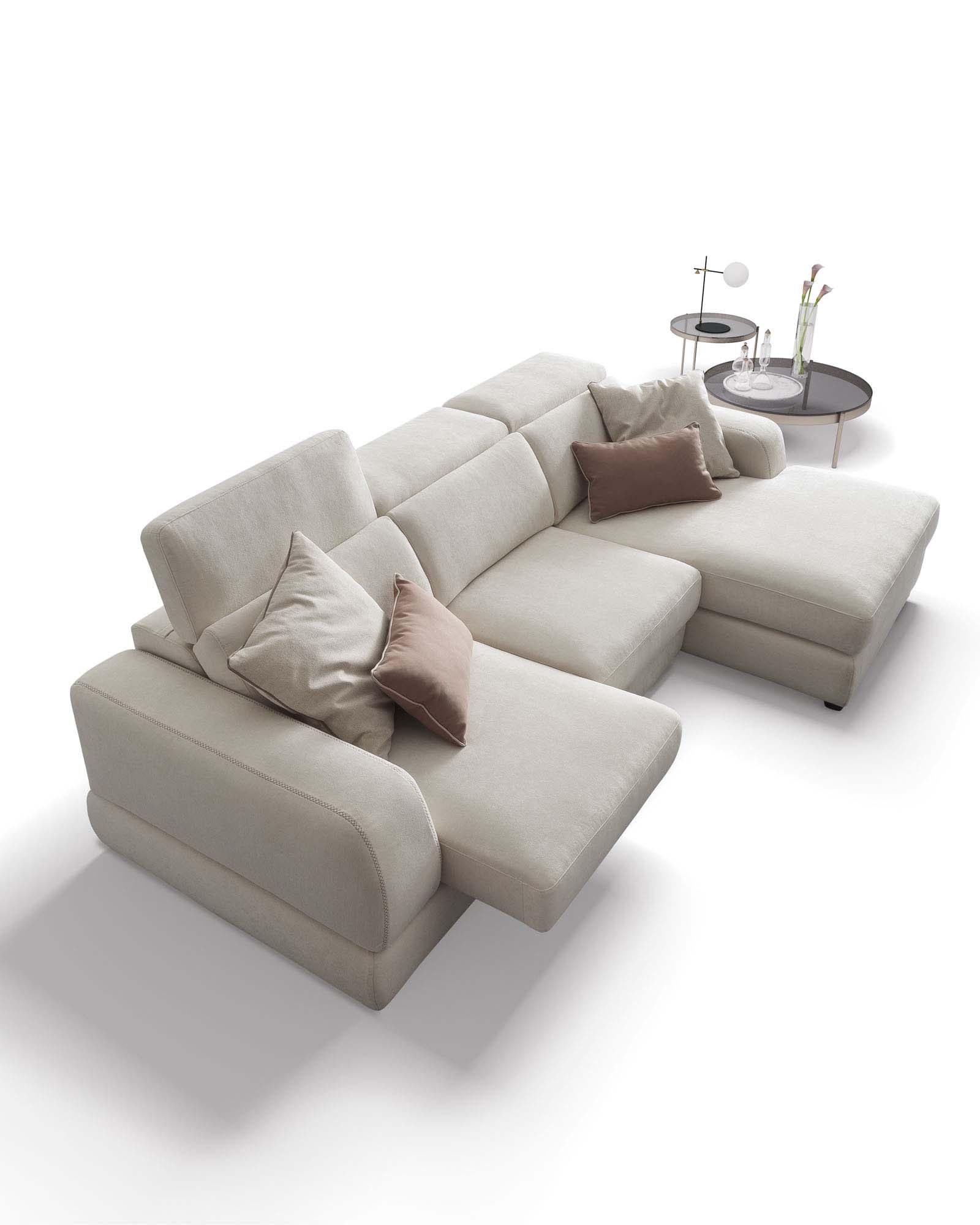 White three-seater sofa with chaise longue and pull-out seats