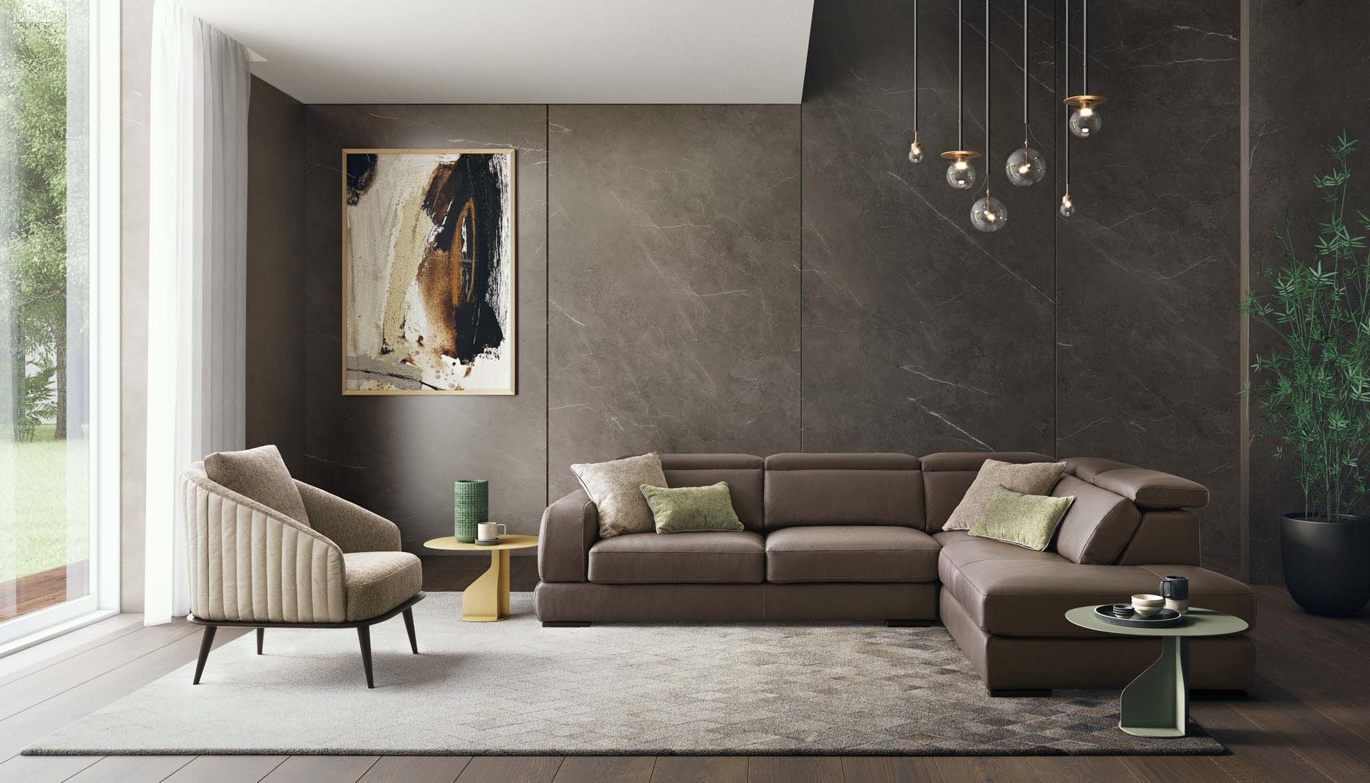 Living area furnished with a brown leather Graffiti corner sofa