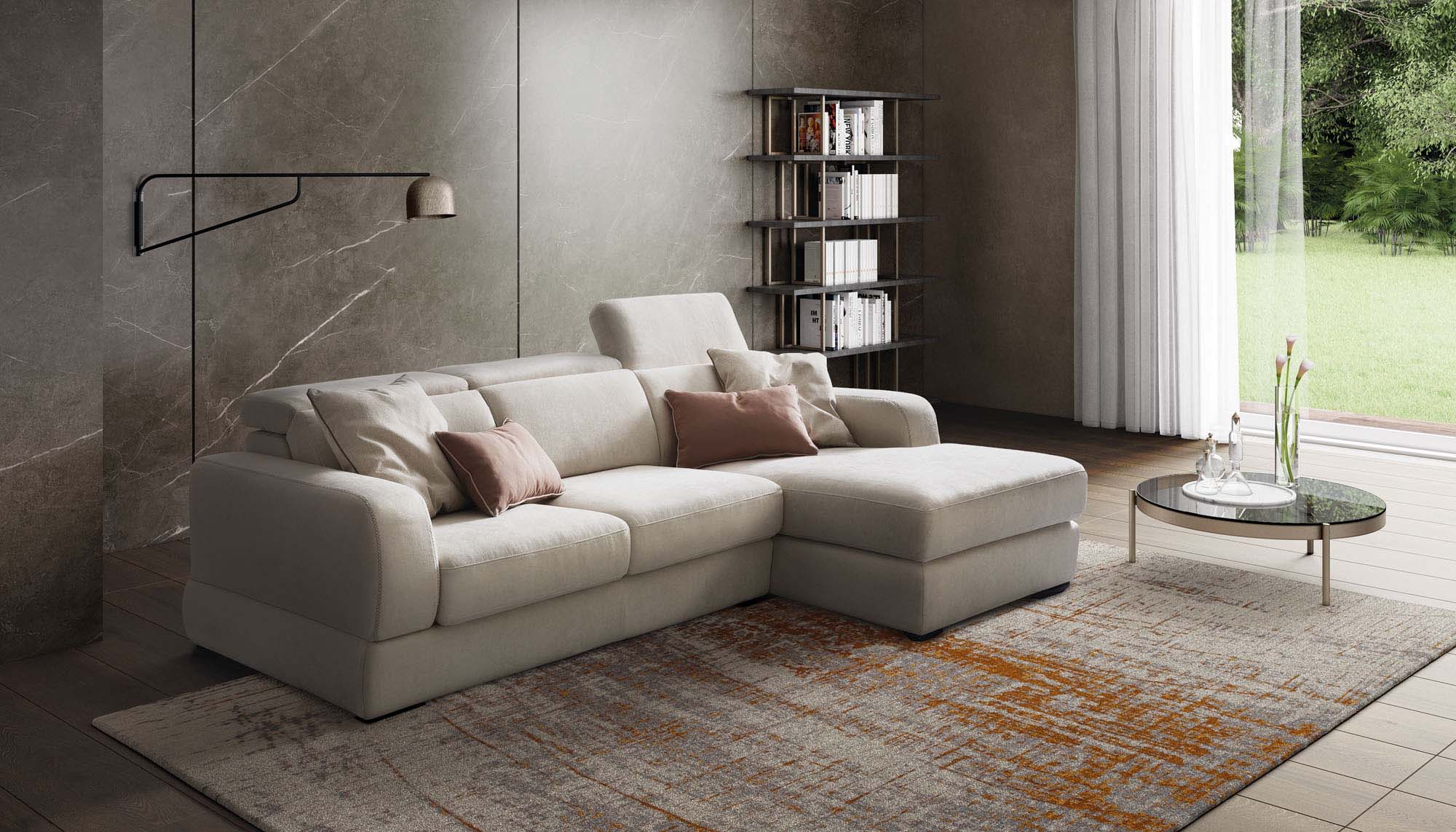 Classic white fabric chaise longue sofa with adjustable headrests