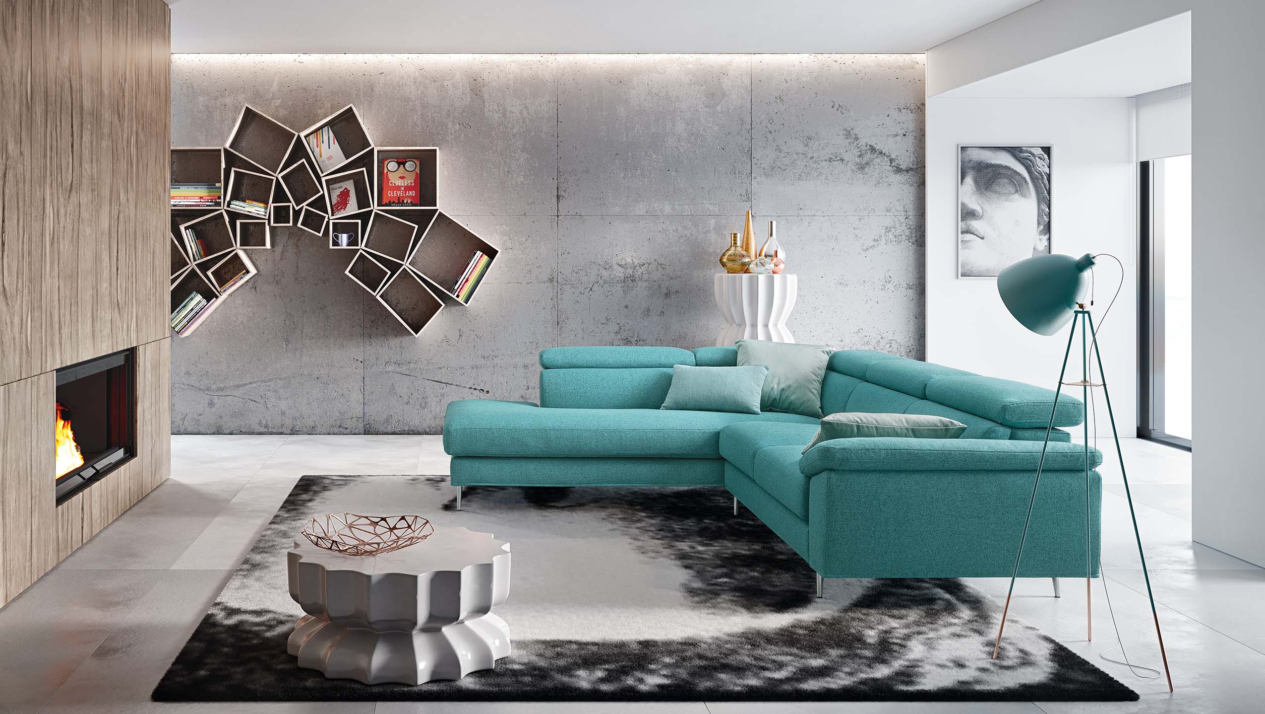 Modern corner sofa with adjustable headrests and slender and minimal structure