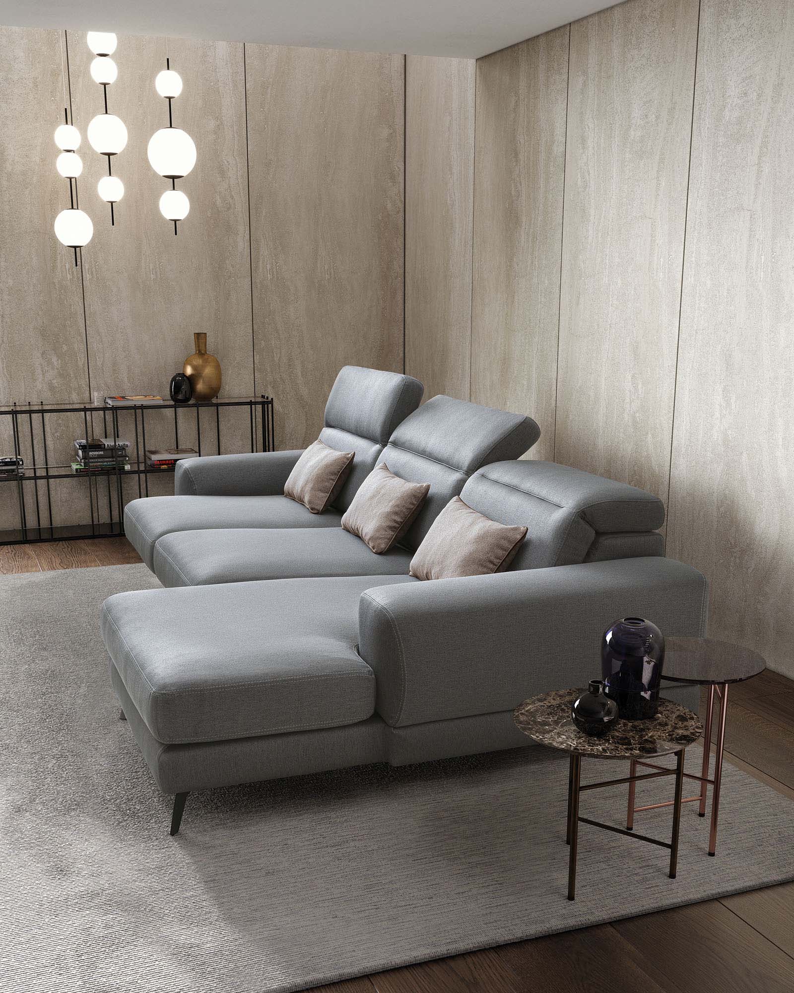 Grey fabric sofa with 7-position adjustable headrests