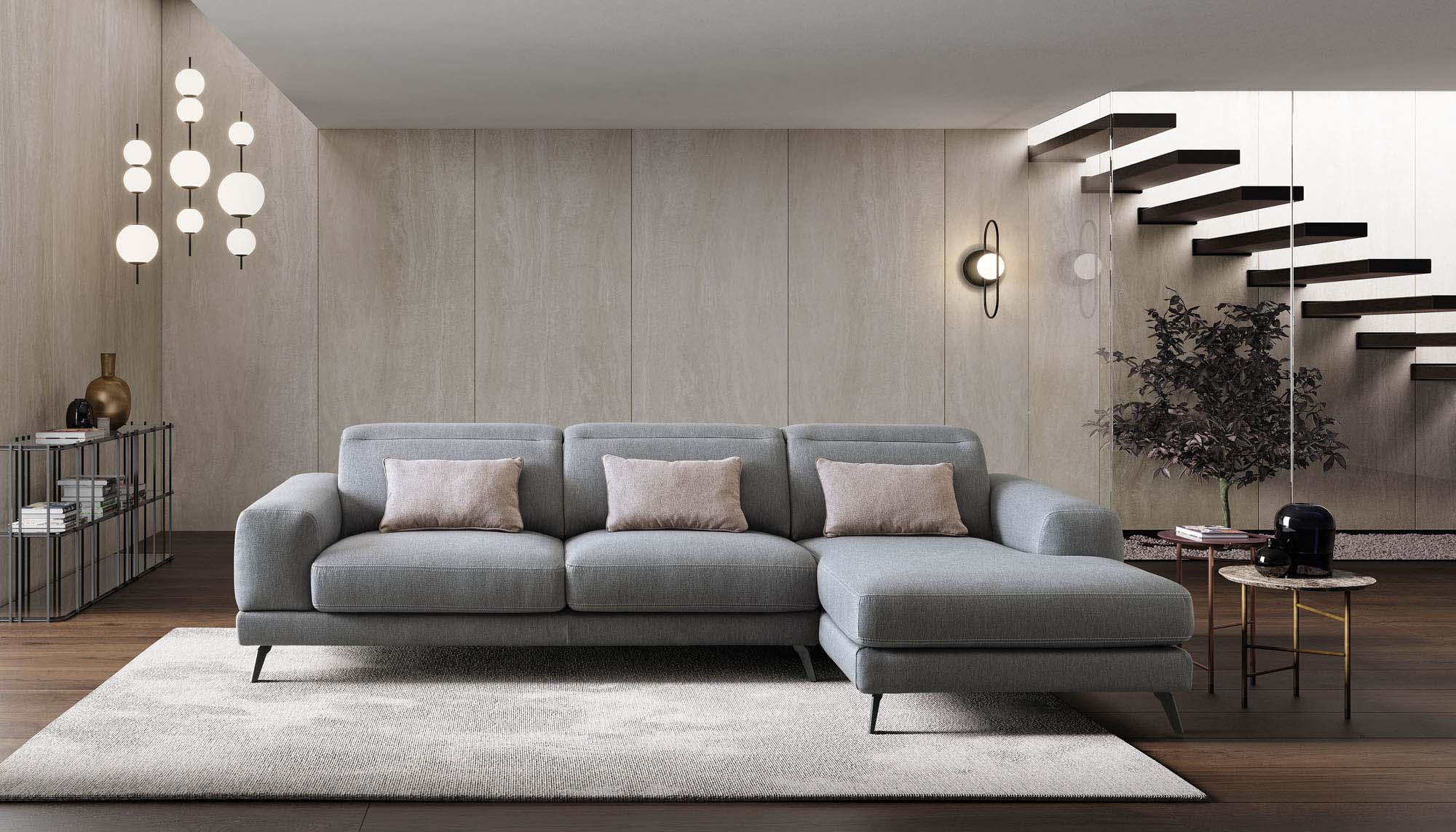 Modern living room furnished with a designer grey sofa with adjustable headrests