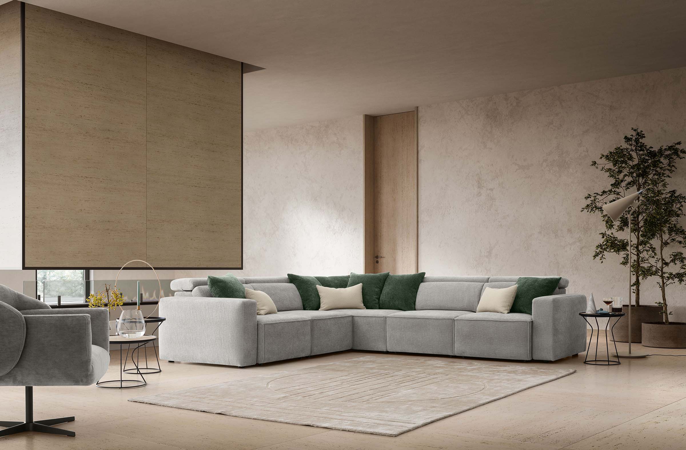 Modern light gray corner Hill sofa with five seats and adjustable headrests