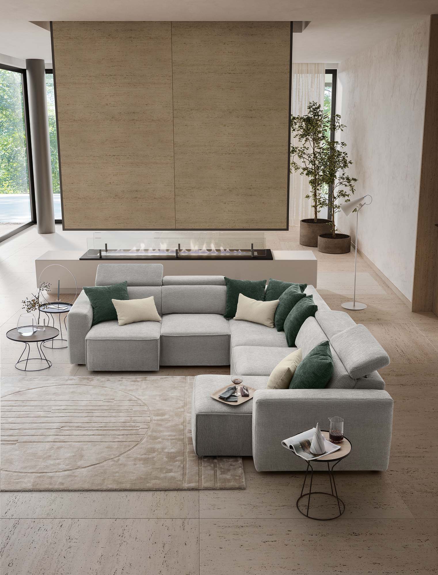 Sofa with pull-out seats and adjustable headrests in a modern and minimalist style, light gray with green cushions